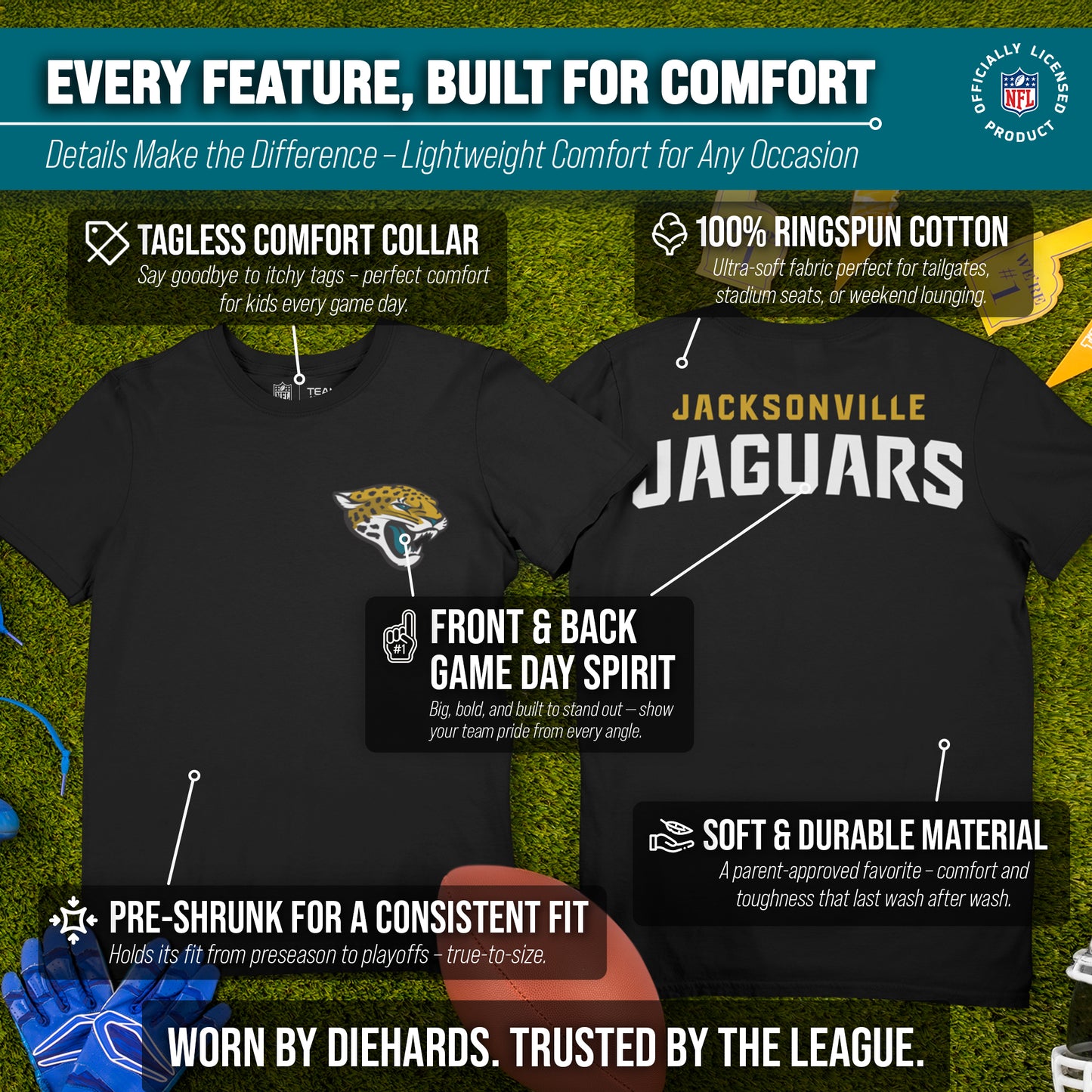 Jacksonville Jaguars Team Fan Apparel NFL Youth Final Countdown Tee- Pro Football T-Shirt For Boys & Girls - Black
