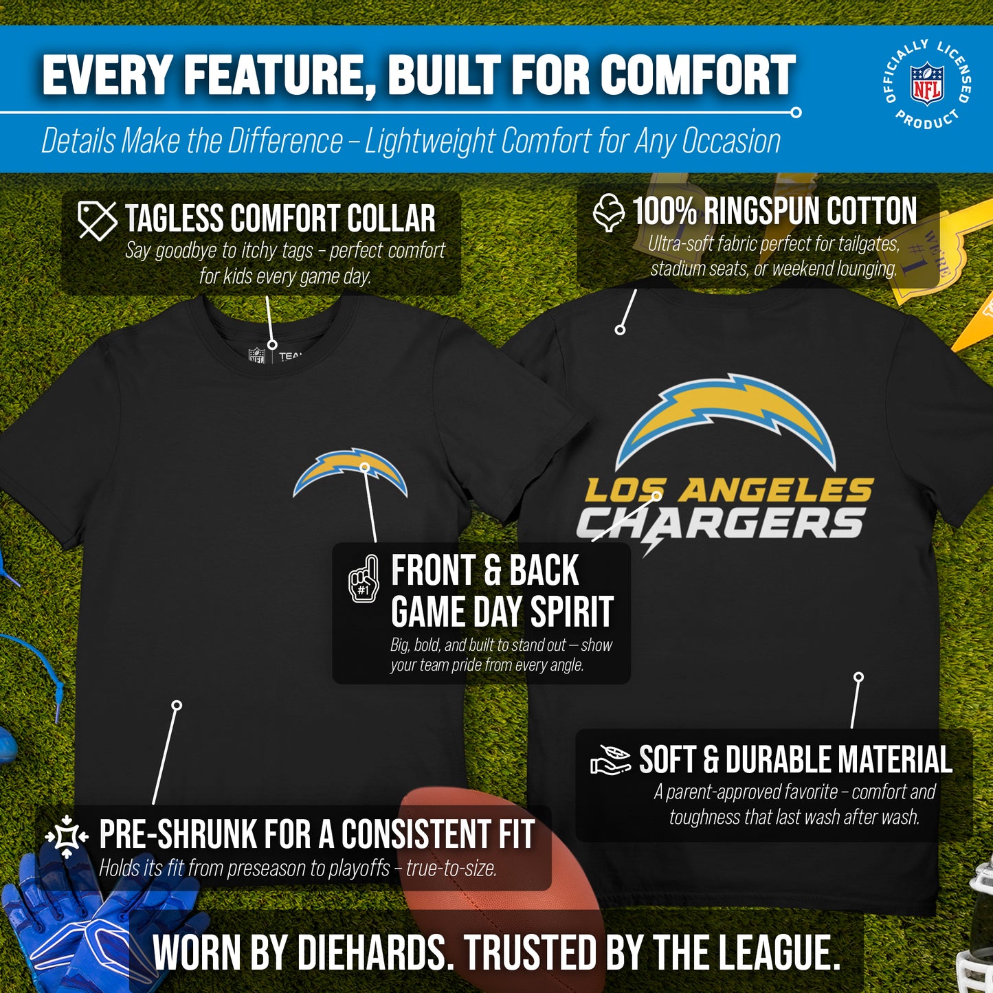 Los Angeles Chargers Team Fan Apparel NFL Youth Final Countdown Tee- Pro Football T-Shirt For Boys & Girls - Black