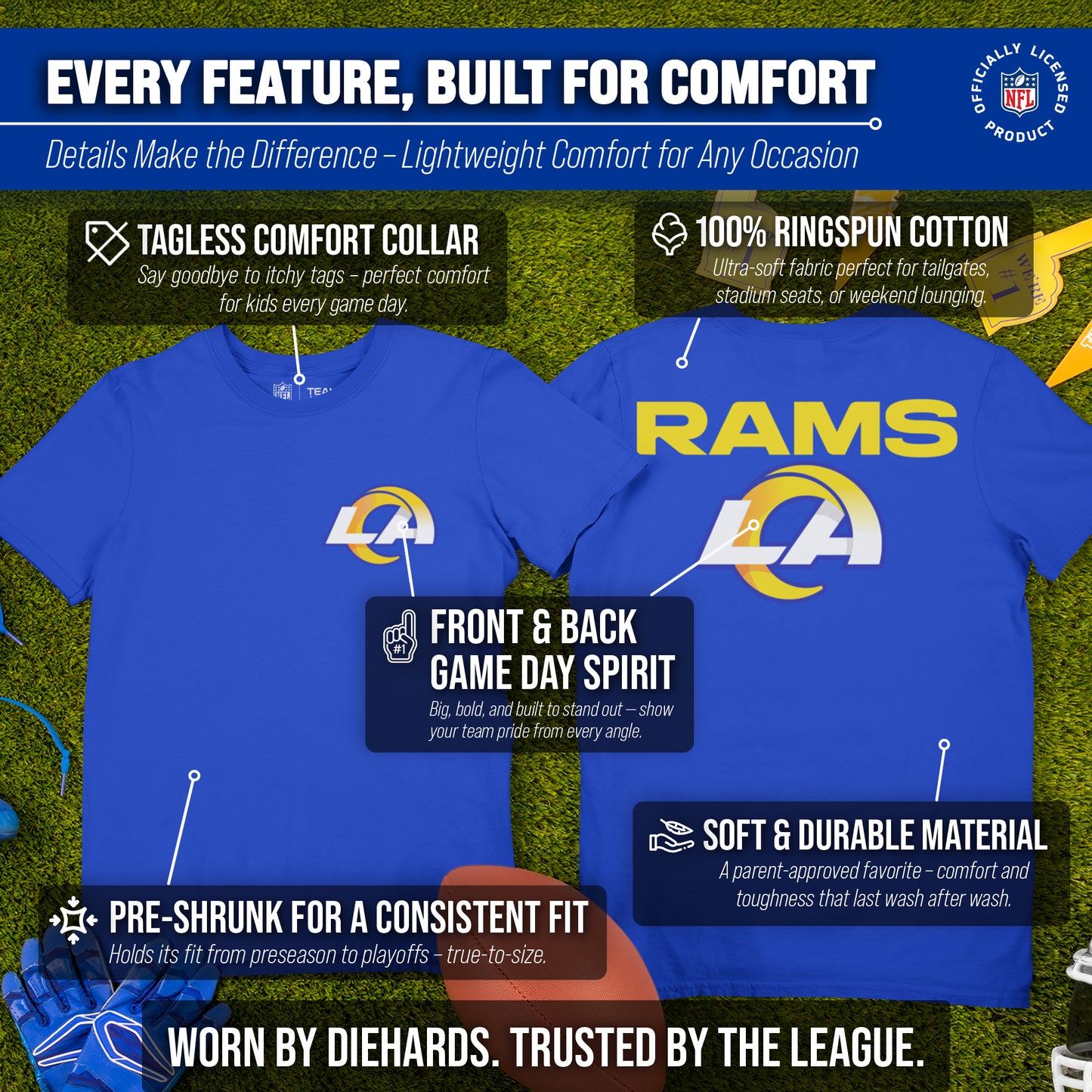 Los Angeles Rams Team Fan Apparel NFL Youth Final Countdown Tee- Pro Football T-Shirt For Boys & Girls - Royal