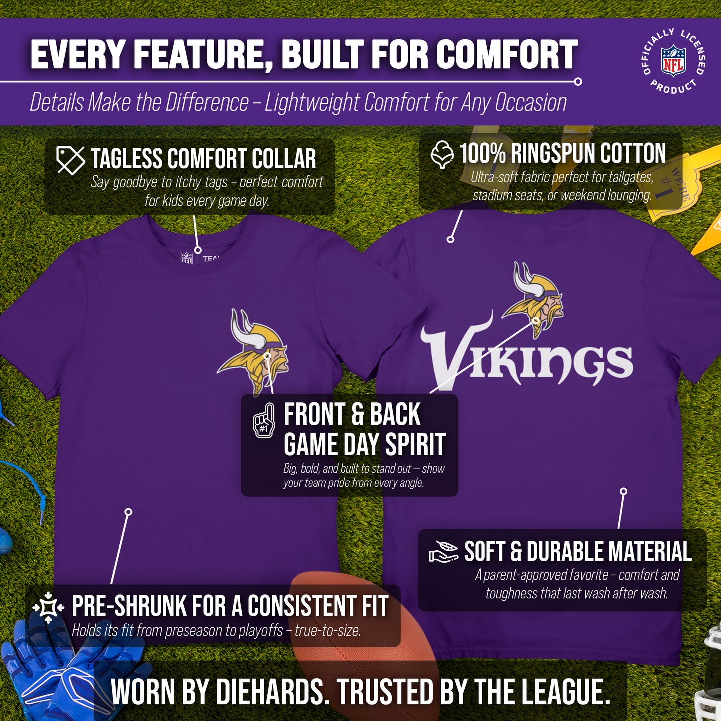 Minnesota Vikings Team Fan Apparel NFL Youth Final Countdown Tee- Pro Football T-Shirt For Boys & Girls - Purple