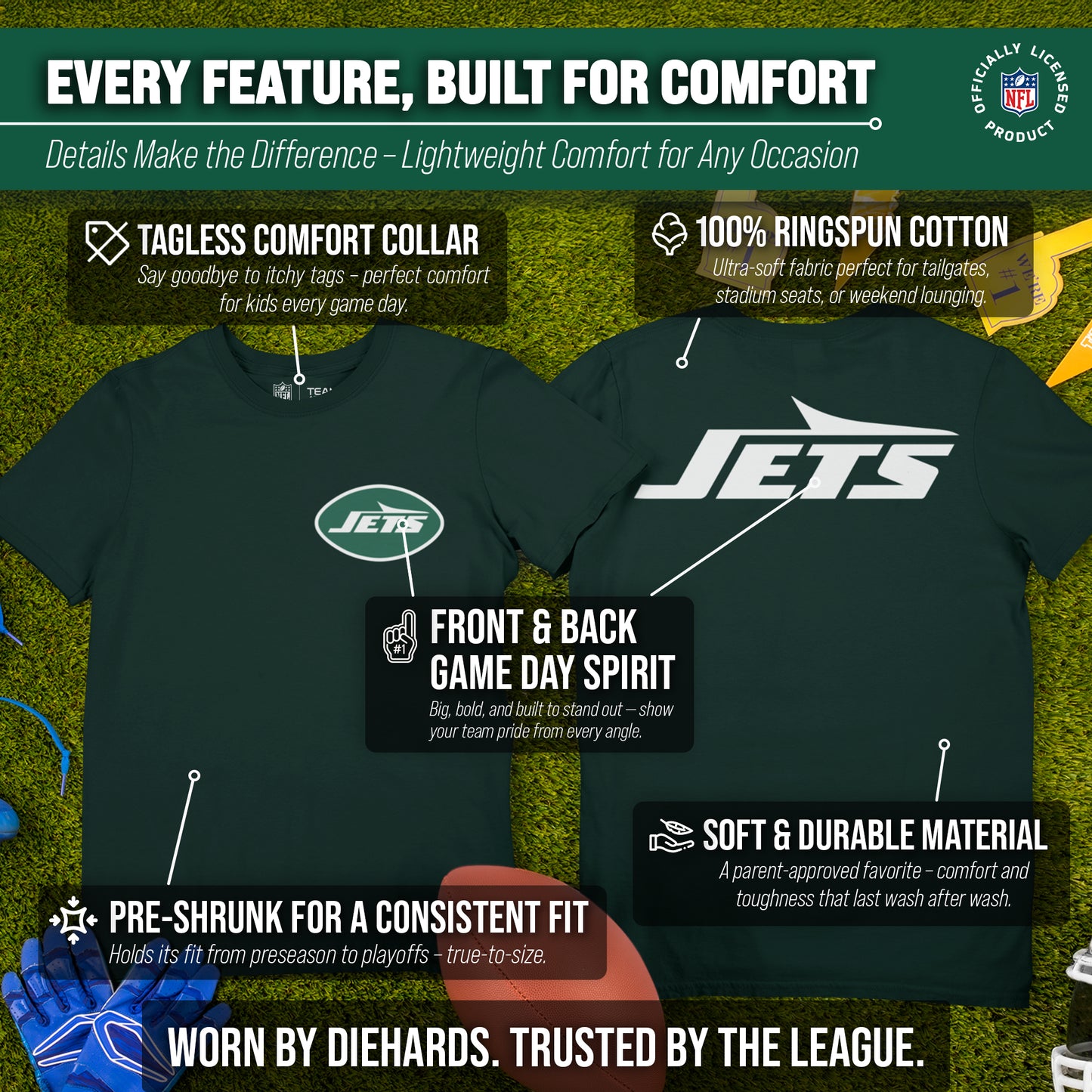 New York Jets Team Fan Apparel NFL Youth Final Countdown Tee- Pro Football T-Shirt For Boys & Girls - Green