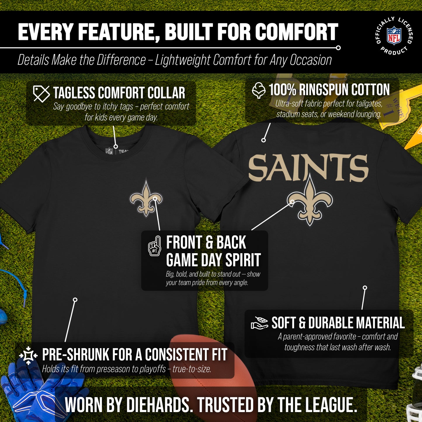 New Orleans Saints Team Fan Apparel NFL Youth Final Countdown Tee- Pro Football T-Shirt For Boys & Girls - Black
