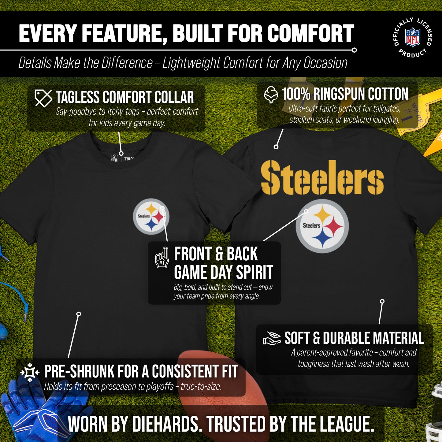 Pittsburgh Steelers Team Fan Apparel NFL Youth Final Countdown Tee- Pro Football T-Shirt For Boys & Girls - Black