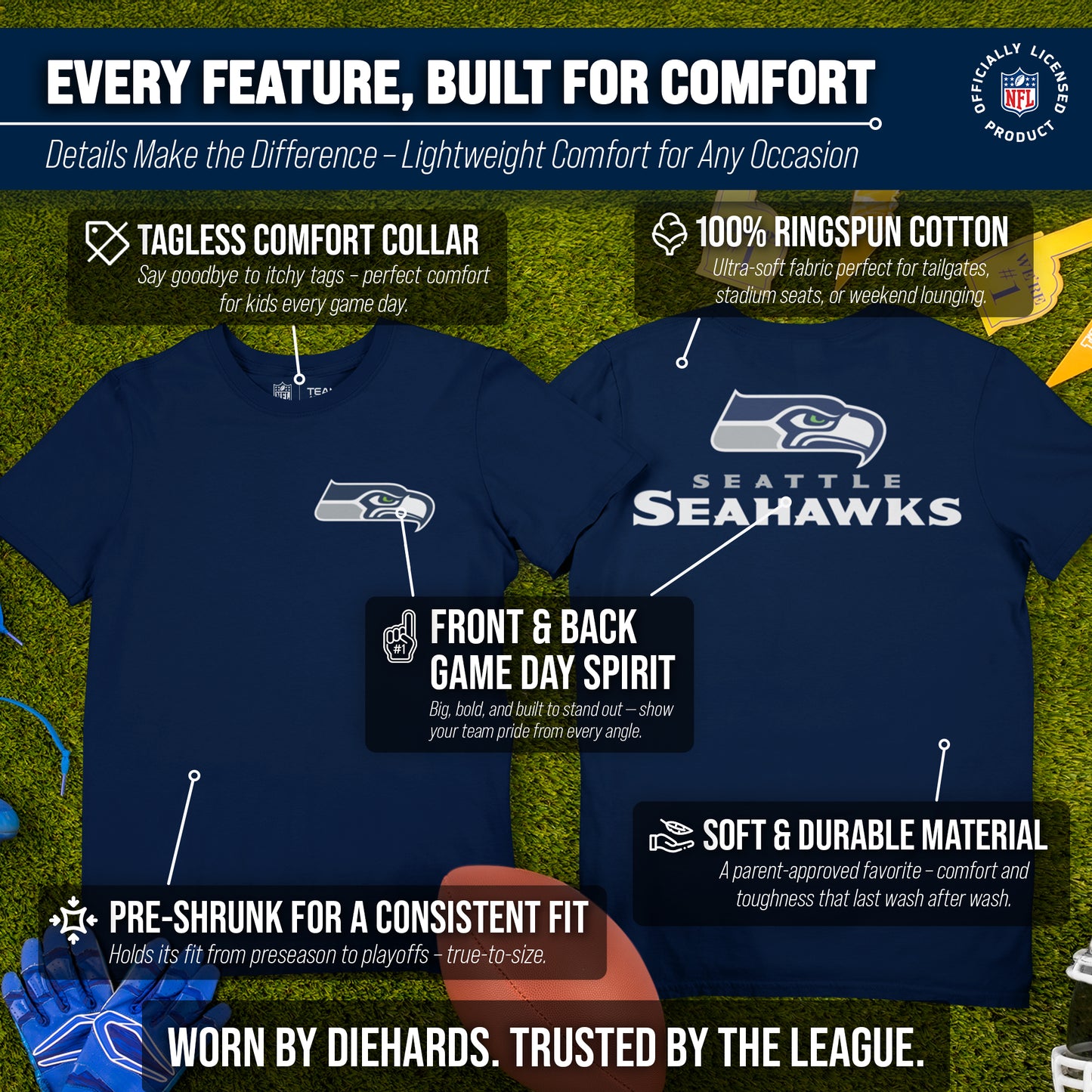 Seattle Seahawks Team Fan Apparel NFL Youth Final Countdown Tee- Pro Football T-Shirt For Boys & Girls - Navy
