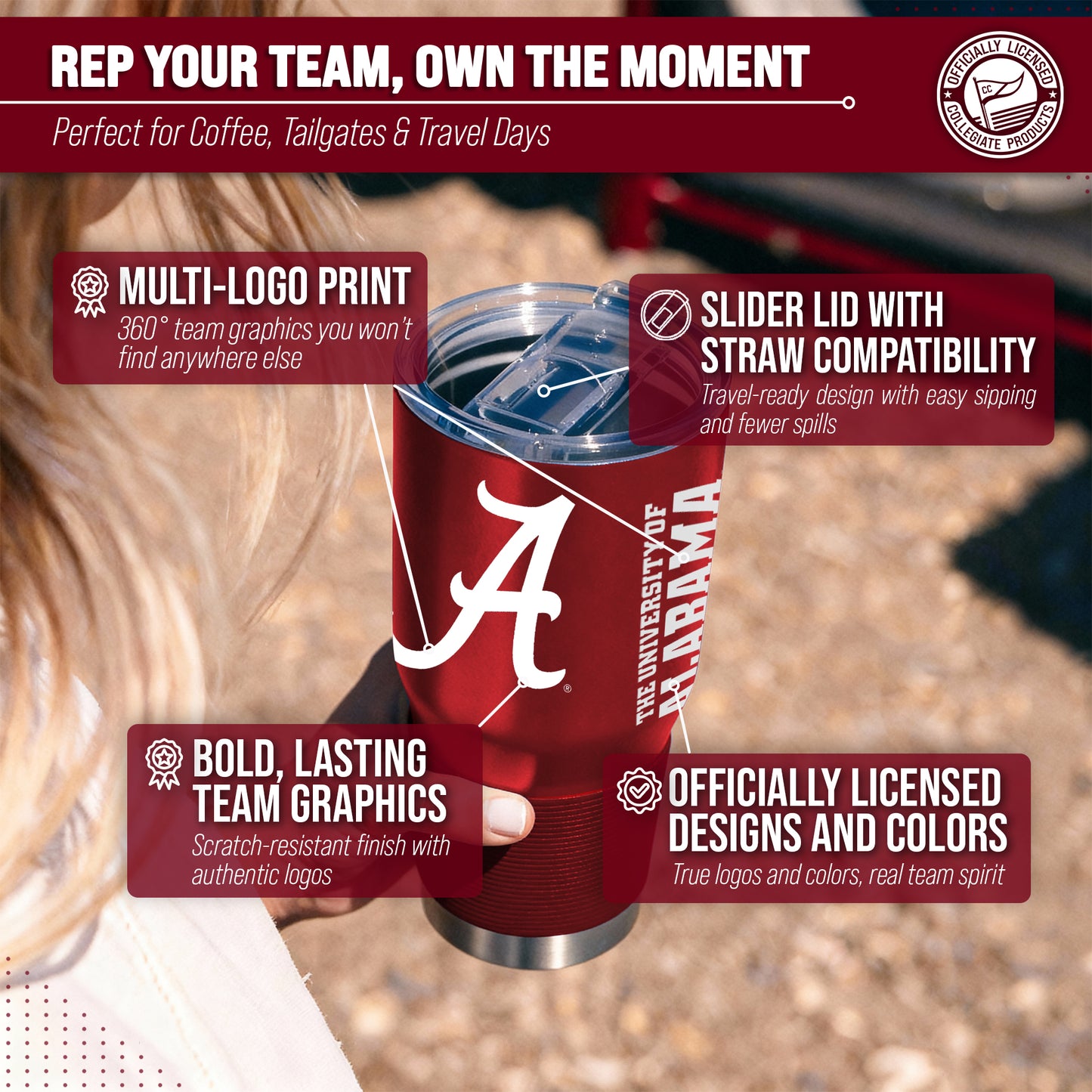 Alabama Crimson Tide NCAA University 30oz Stainless Steel Vacuum Insulated Game Day Tumbler with Silicone Grip - Cardinal