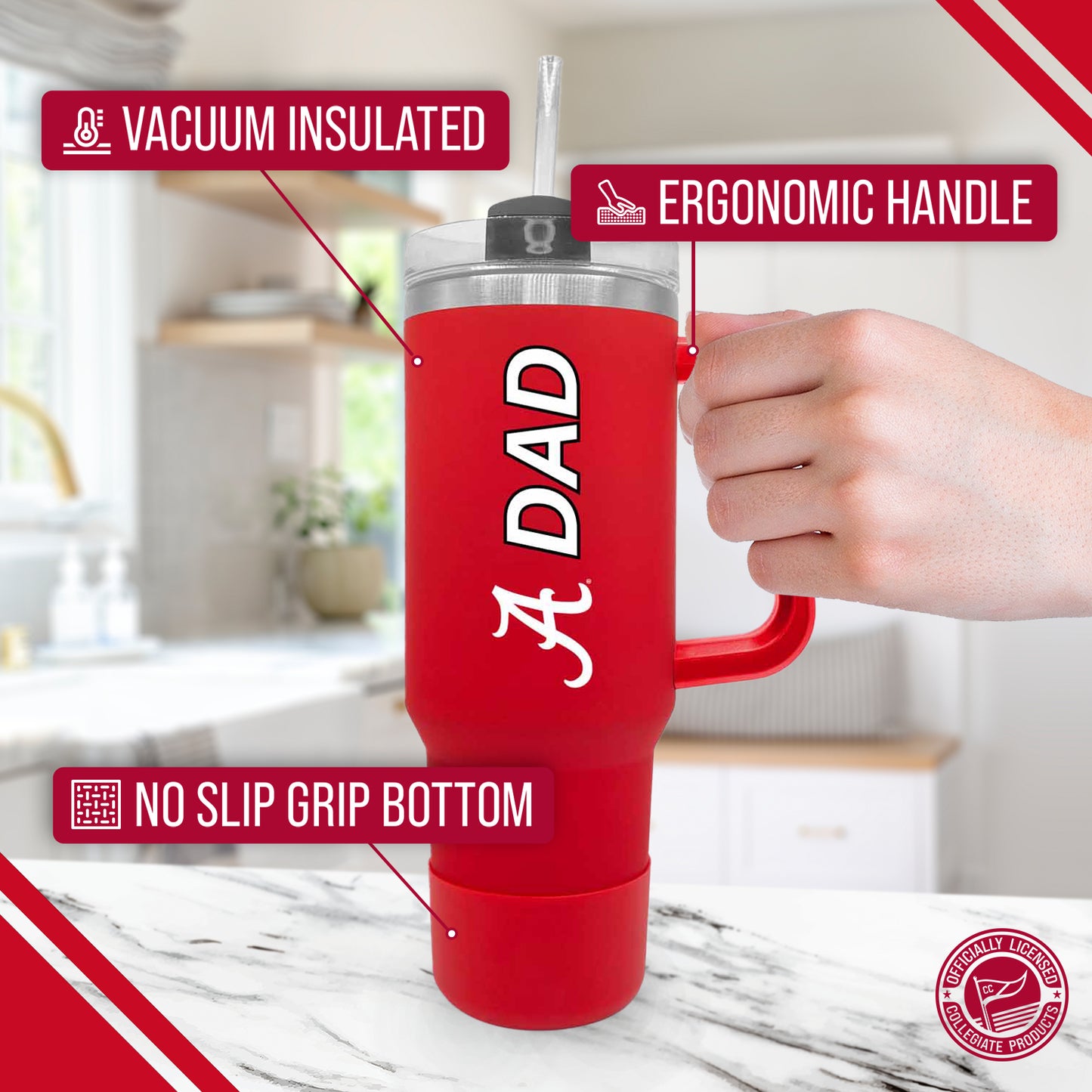 Alabama Crimson Tide Collegiate 40oz Stainless Steel Travel Tumbler with Handle for Dad - Crimson