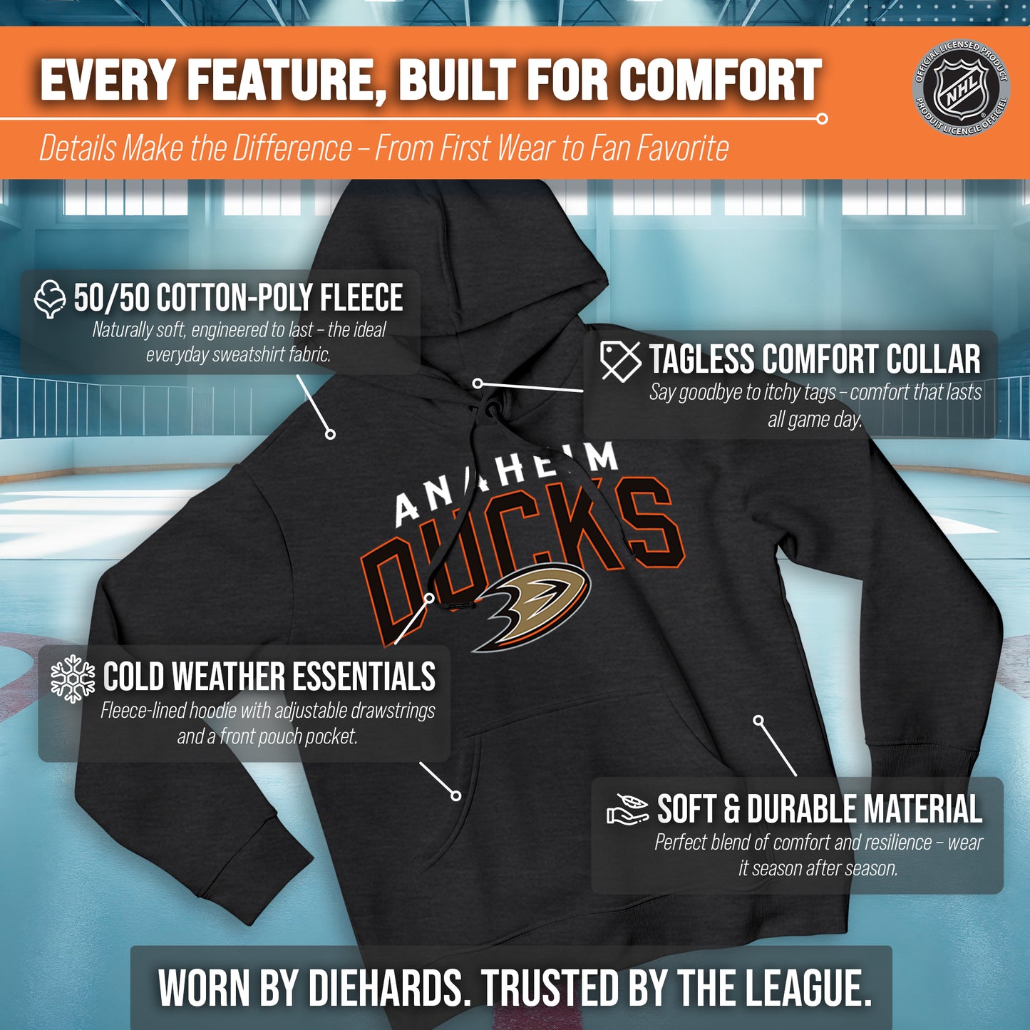 Anaheim Ducks NHL Adult Unisex Powerplay Hooded Sweatshirt - Black Heather