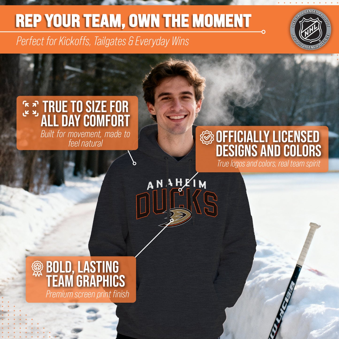 Anaheim Ducks NHL Adult Unisex Powerplay Hooded Sweatshirt - Black Heather