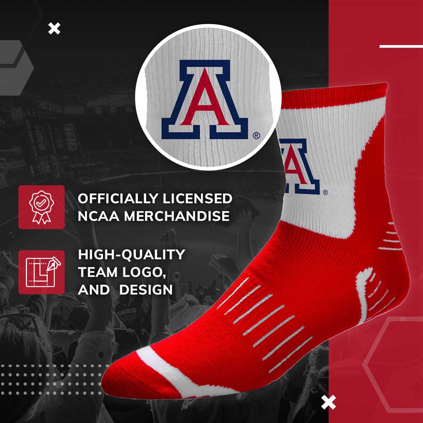 Arizona Wildcats Adult NCAA Surge Quarter Length Crew Socks - Red