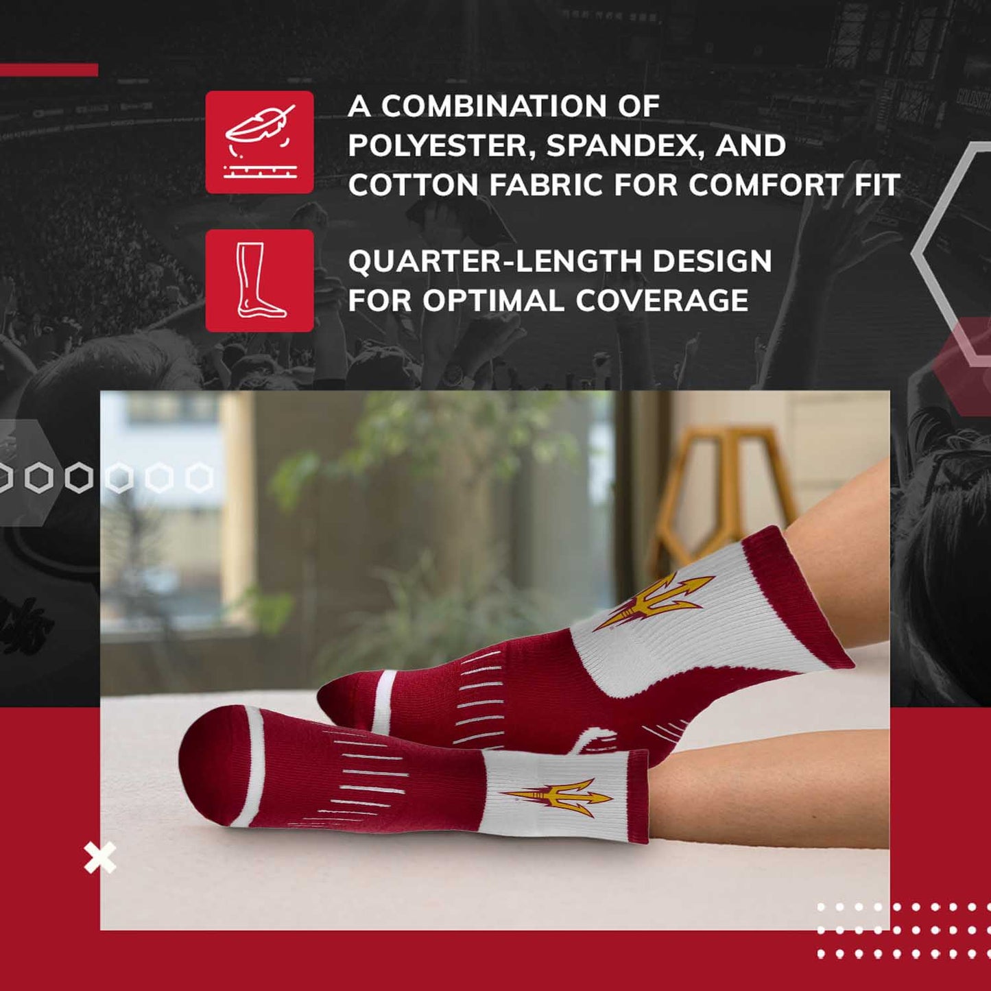Arizona State Sun Devils Adult NCAA Surge Quarter Length Crew Socks - Maroon