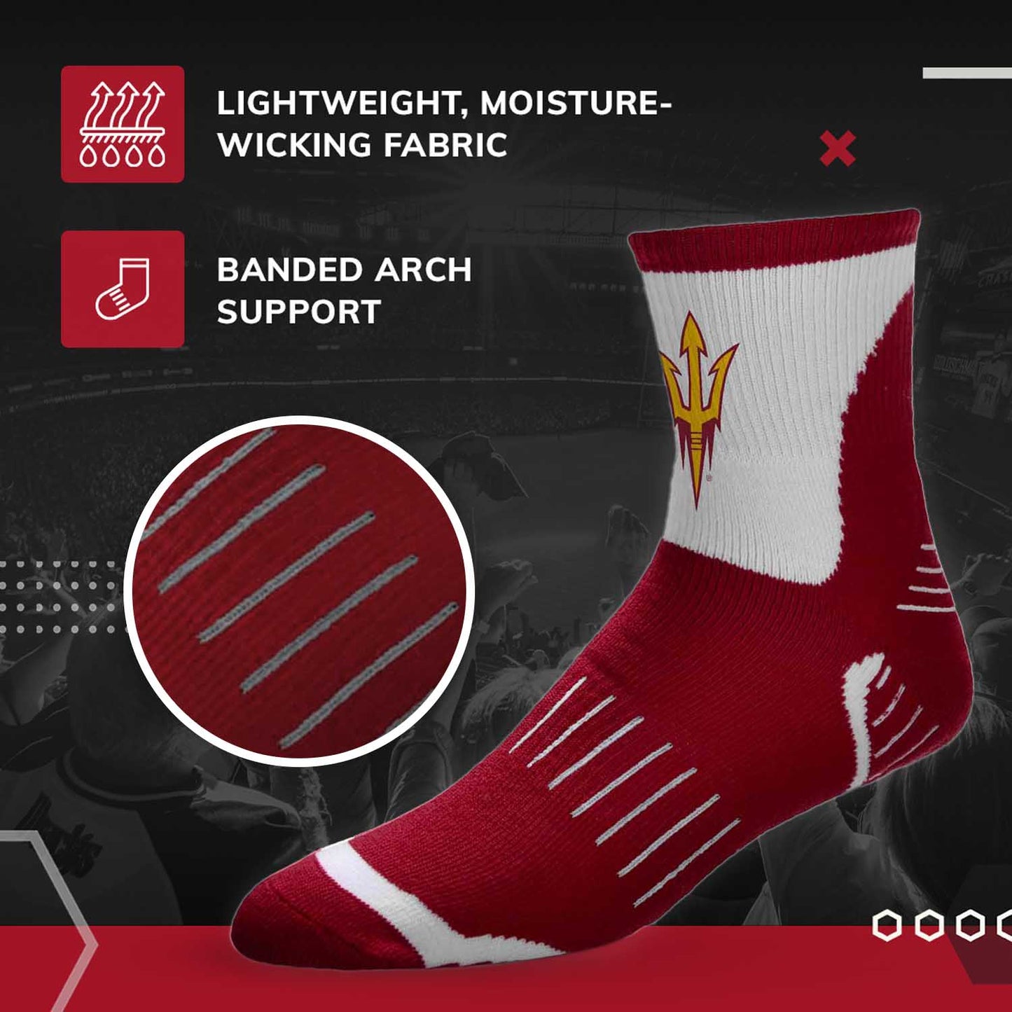 Arizona State Sun Devils Adult NCAA Surge Quarter Length Crew Socks - Maroon