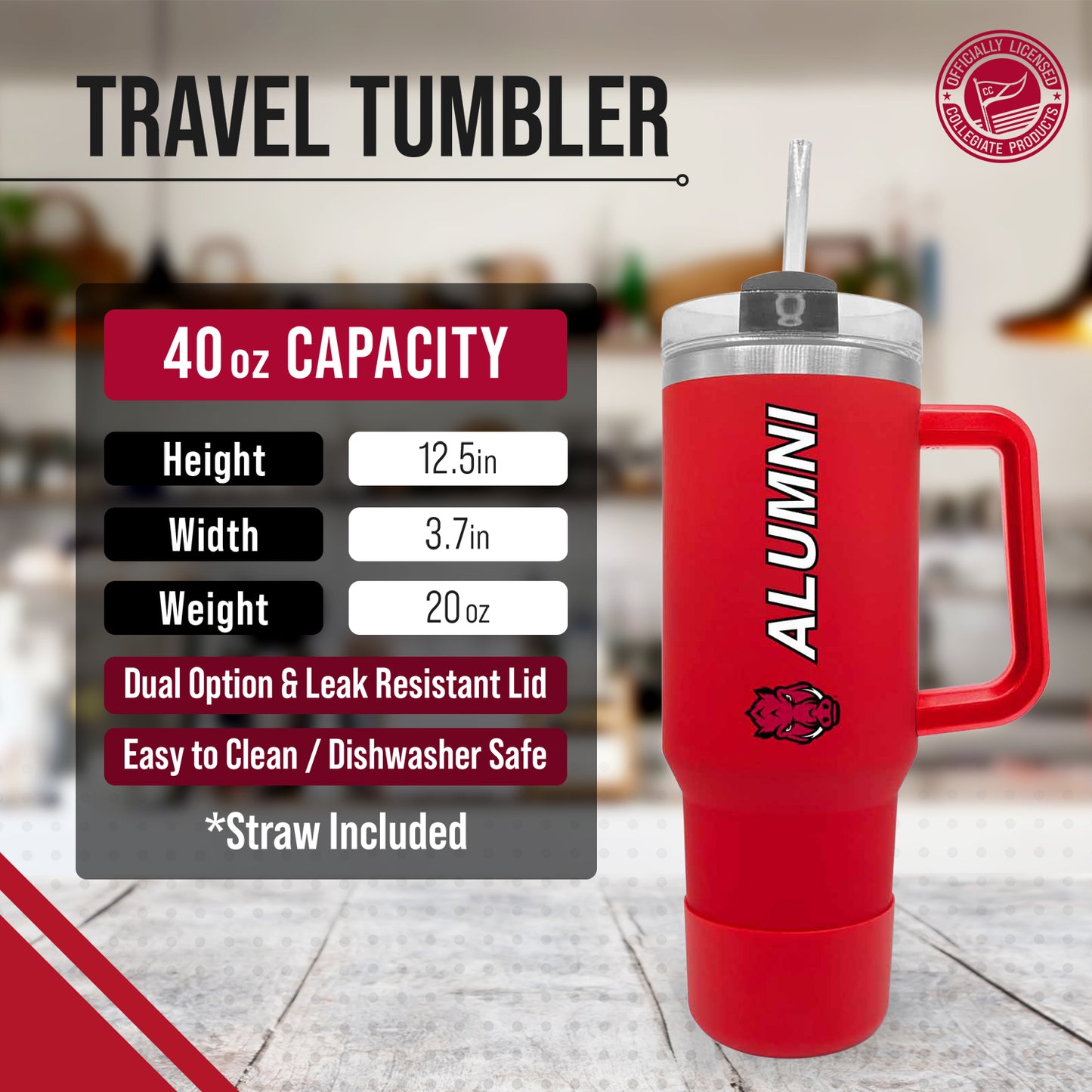 Arkansas Razorbacks Collegiate 40oz Stainless Steel Travel Tumbler with Handle for Alumni - Cardinal