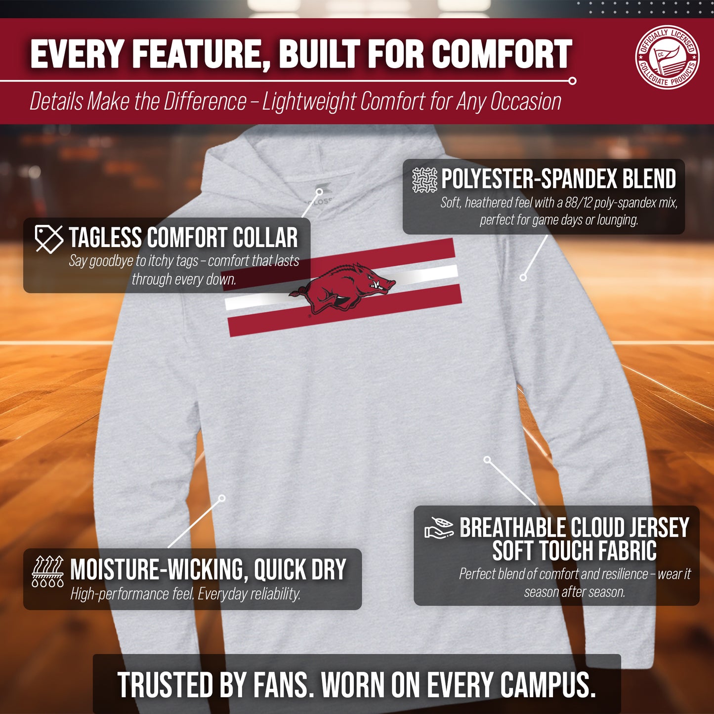 Arkansas Razorbacks NCAA Unisex Scholarship Cloud Jersey Performance Hooded Long Sleeve Tee - Gray Heather