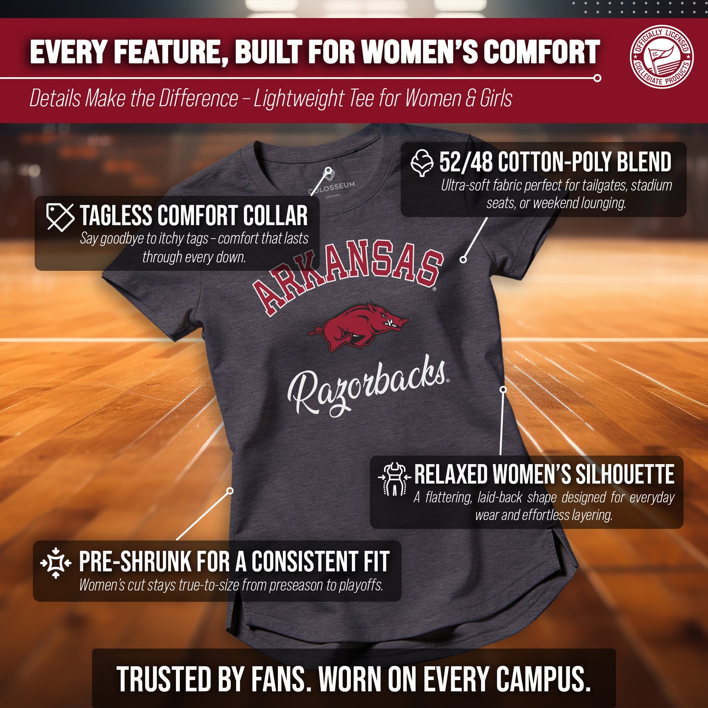 Arkansas Razorbacks NCAA Womens Tag-Less Ultra Soft Tailgate T-Shirt - Black Heather