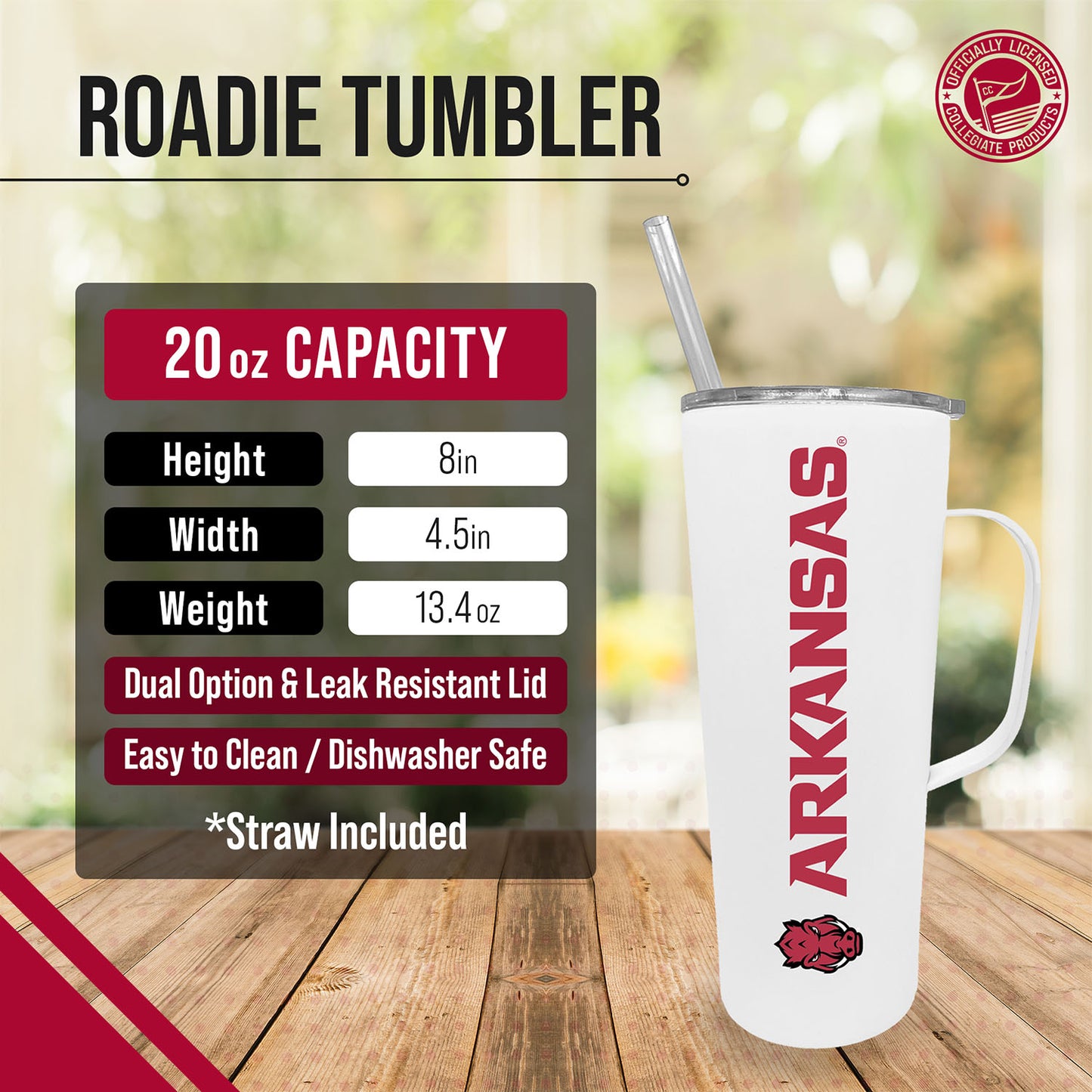 Arkansas Razorbacks NCAA Stainless Steel 20oz Roadie With Handle & Dual Option Lid With Straw - White