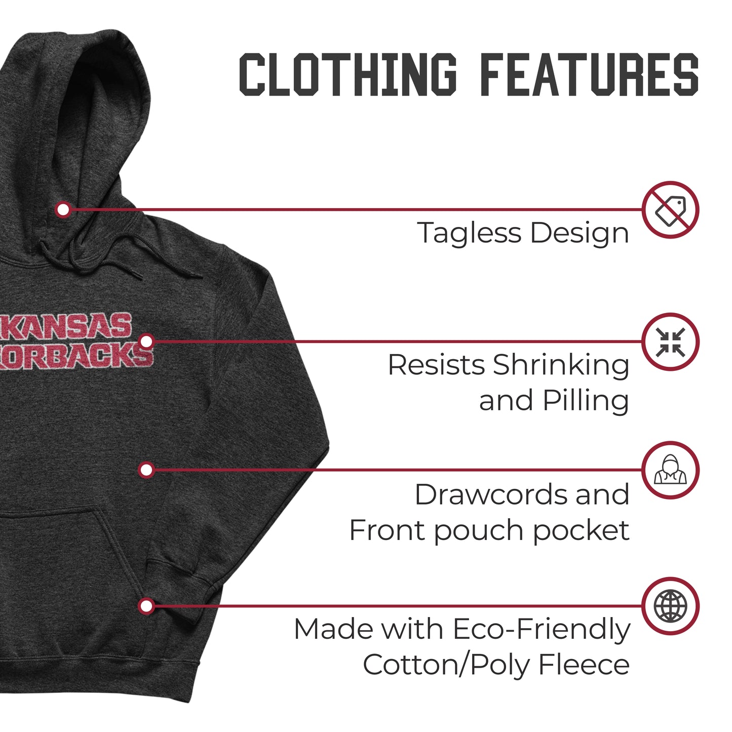 Arkansas Razorbacks NCAA Adult Cotton Blend Charcoal Hooded Sweatshirt - Charcoal