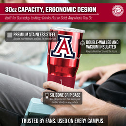 Arizona Wildcats NCAA University 30oz Stainless Steel Vacuum Insulated Game Day Tumbler with Silicone Grip - Red