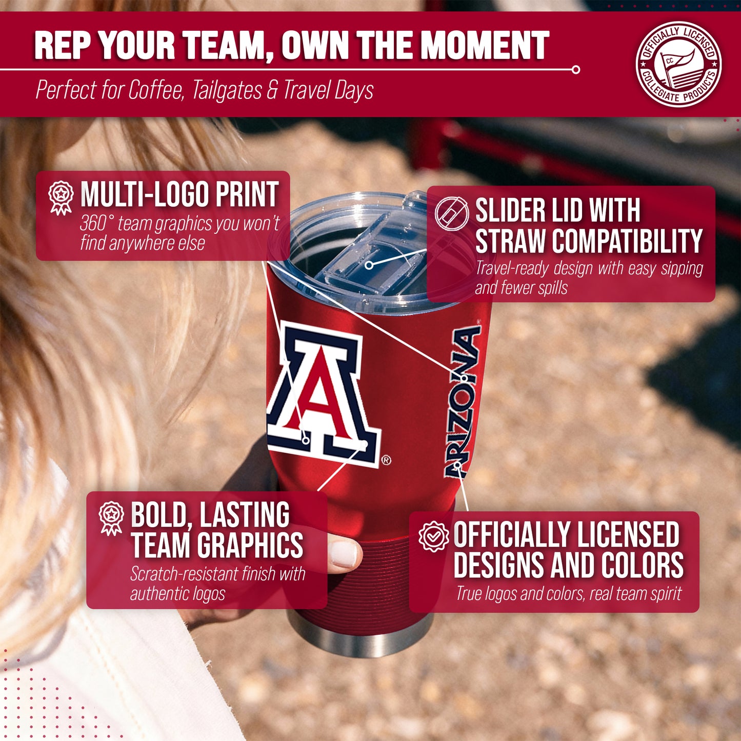Arizona Wildcats NCAA University 30oz Stainless Steel Vacuum Insulated Game Day Tumbler with Silicone Grip - Red