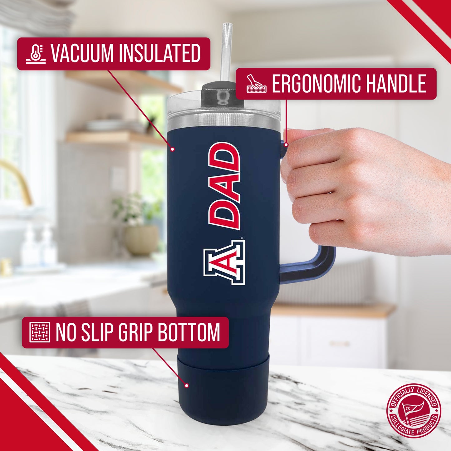 Arizona Wildcats Collegiate 40oz Stainless Steel Travel Tumbler with Handle for Dad - Navy