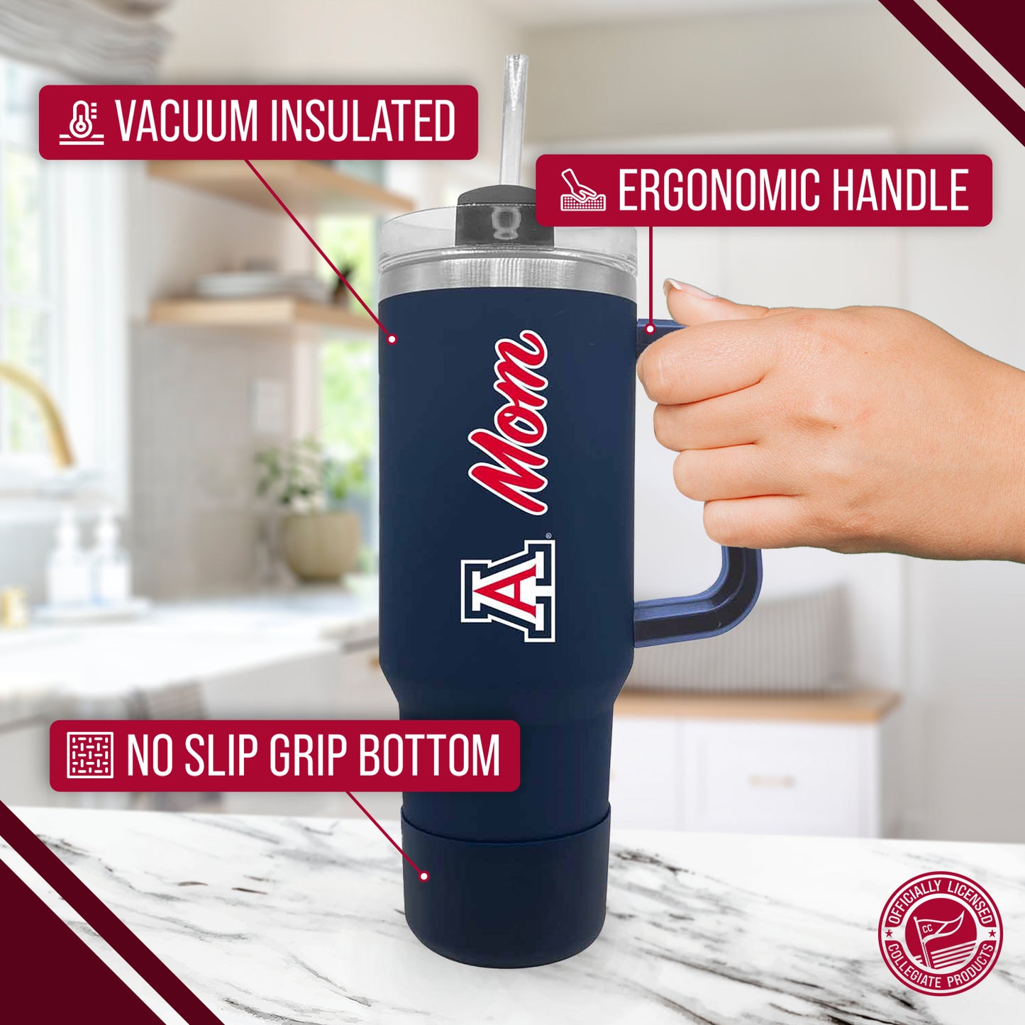 Arizona Wildcats Collegiate 40oz Stainless Steel Travel Tumbler with Handle for Mom - Navy
