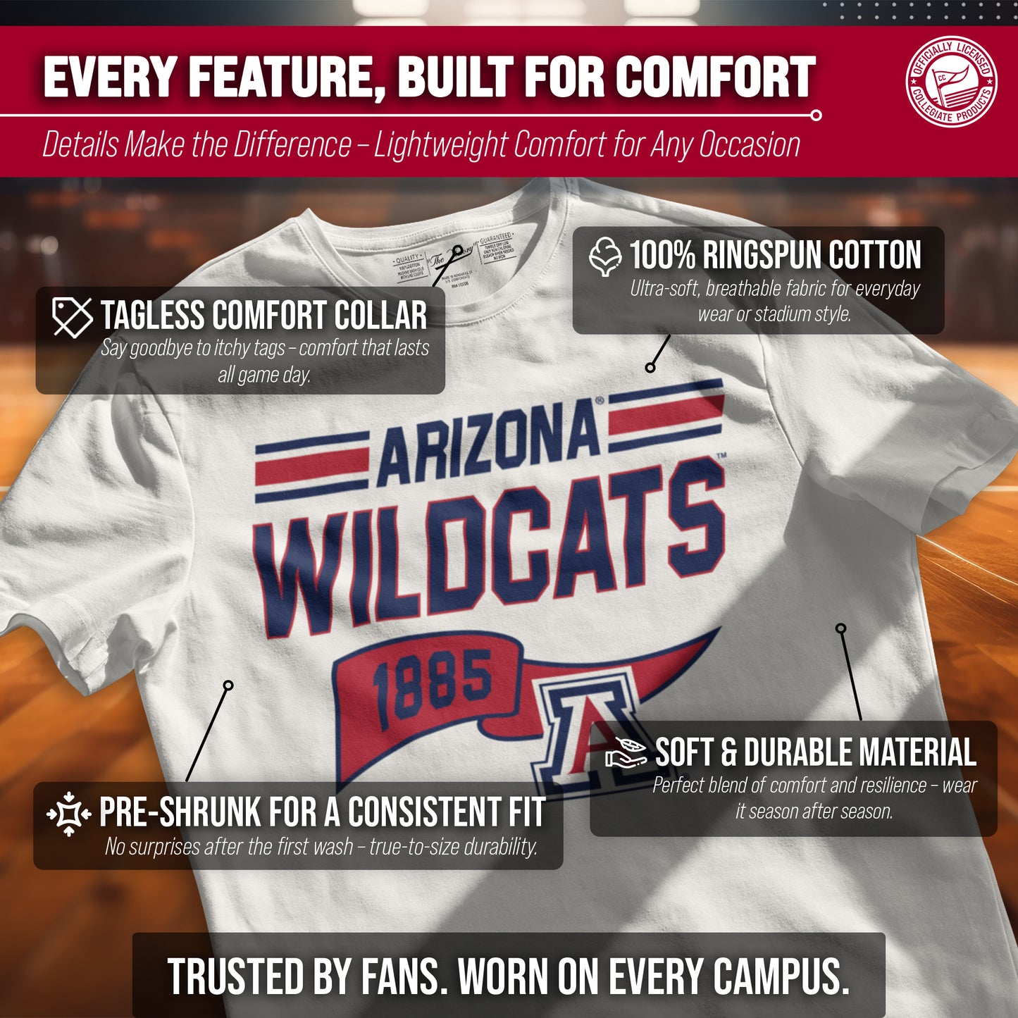Arizona Wildcats NCAA Adult Unisex Varsity Club Pennant T-Shirt Tag-Less - Off White