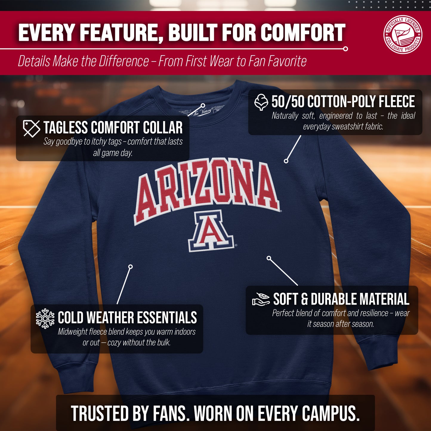 Arizona Wildcats NCAA Adult Tackle Twill Crewneck Sweatshirt - Navy