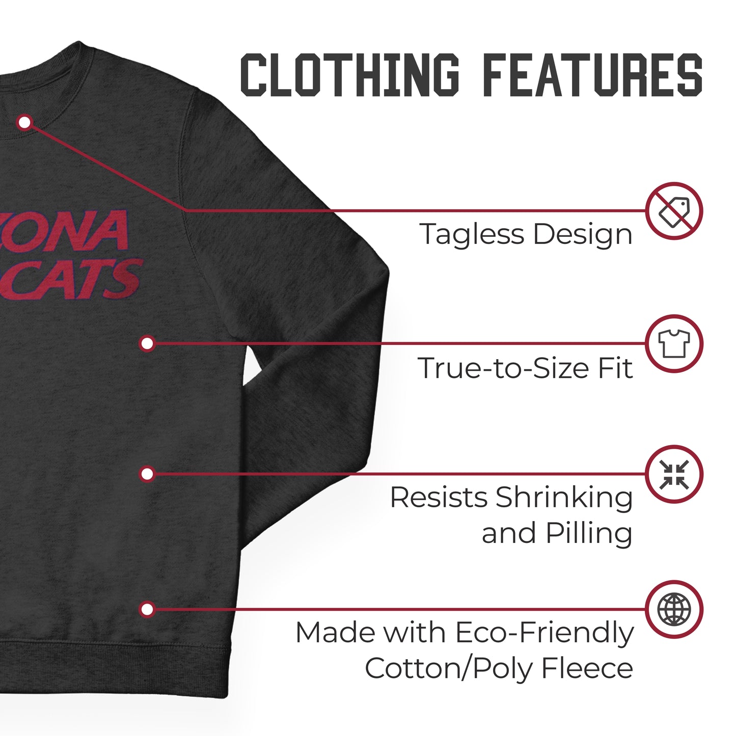 Arizona Wildcats NCAA Adult Charcoal Crewneck Fleece Sweatshirt - Charcoal