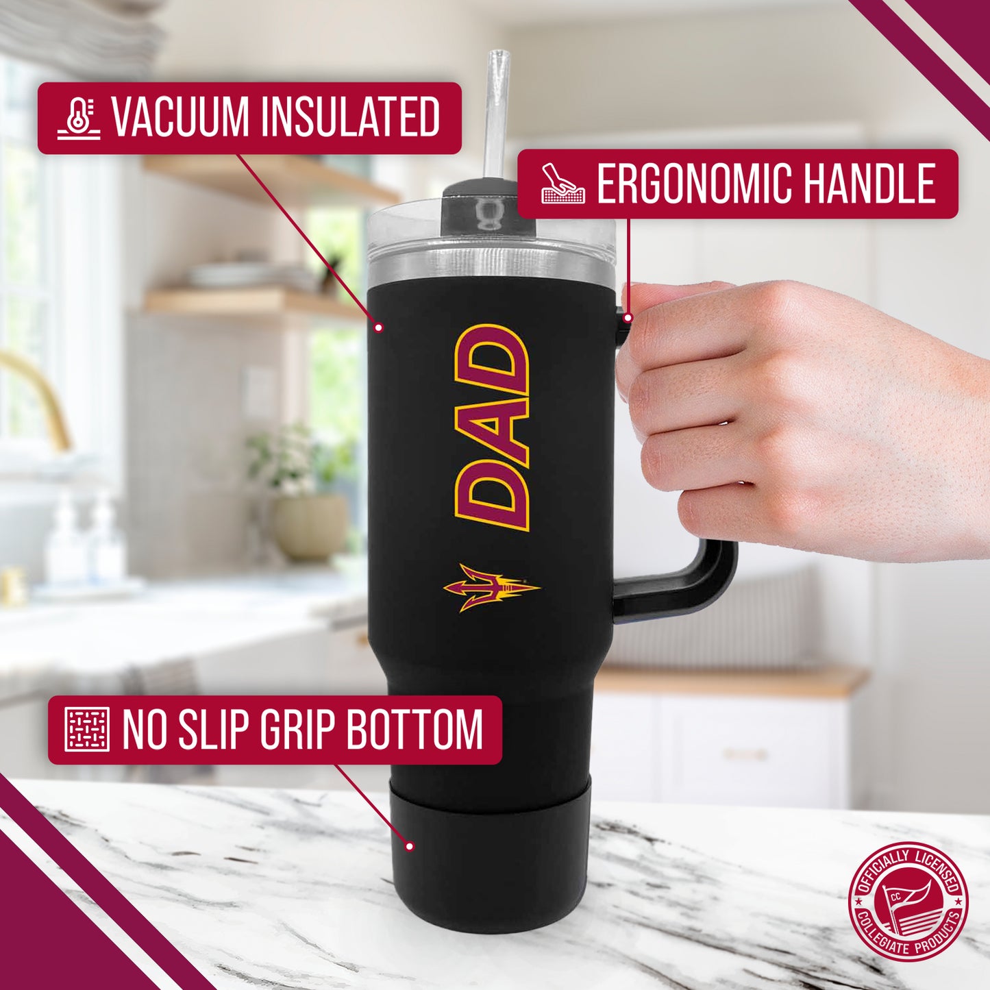 Arizona State Sun Devils Collegiate 40oz Stainless Steel Travel Tumbler with Handle for Dad - Black
