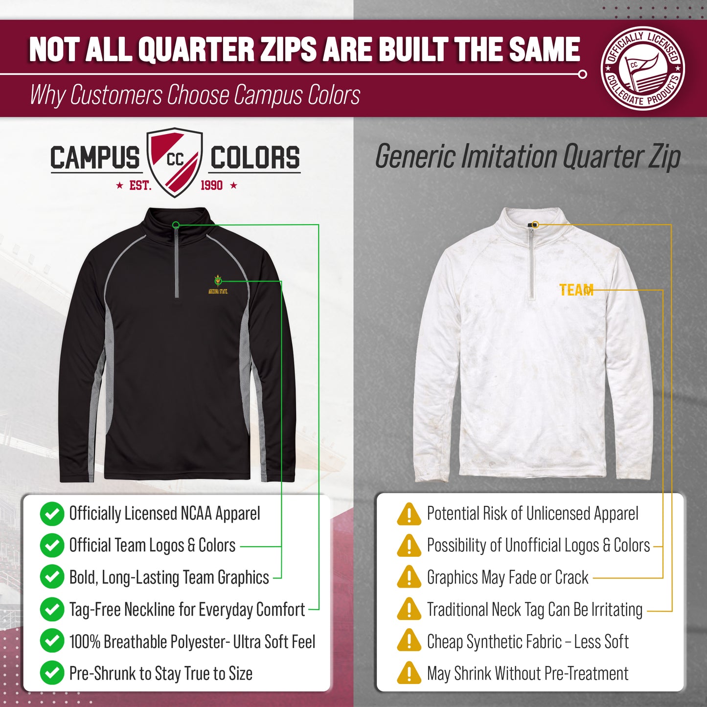 Arizona State Sun Devils Mens NCAA Campus Classic Long Sleeve 1/4 Zip Windshirt - Black