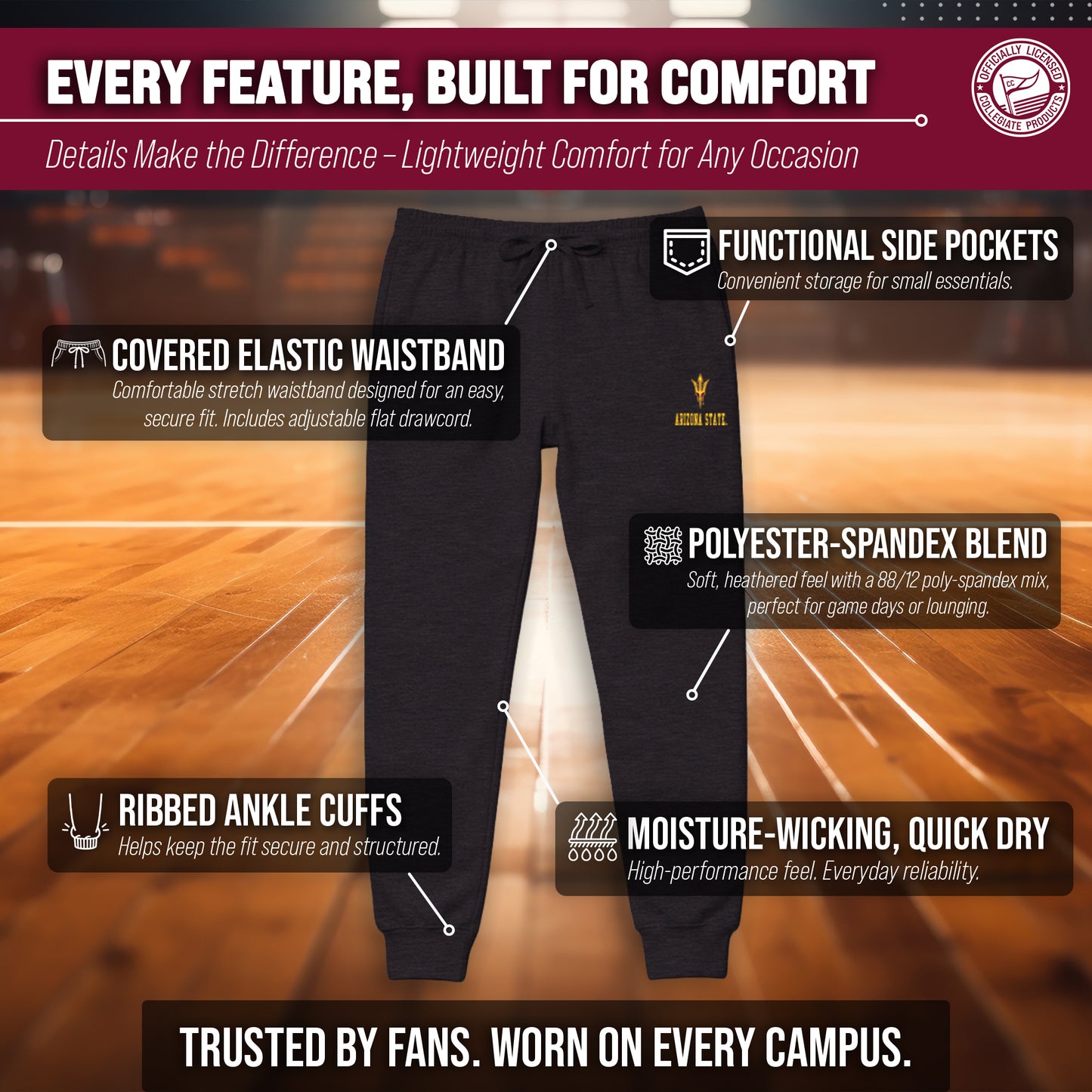 Arizona State Sun Devils NCAA Men’s University Cloud Jersey Performance Jogger Pants with Drawstring Waistband - Black Heather