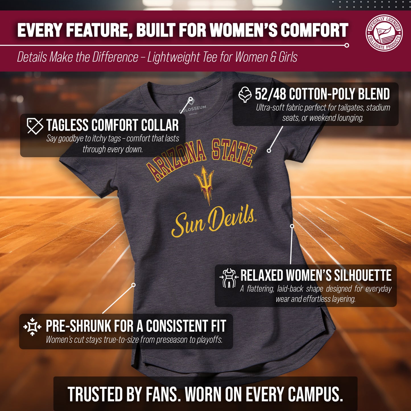 Arizona State Sun Devils NCAA Womens Tag-Less Ultra Soft Tailgate T-Shirt - Black Heather