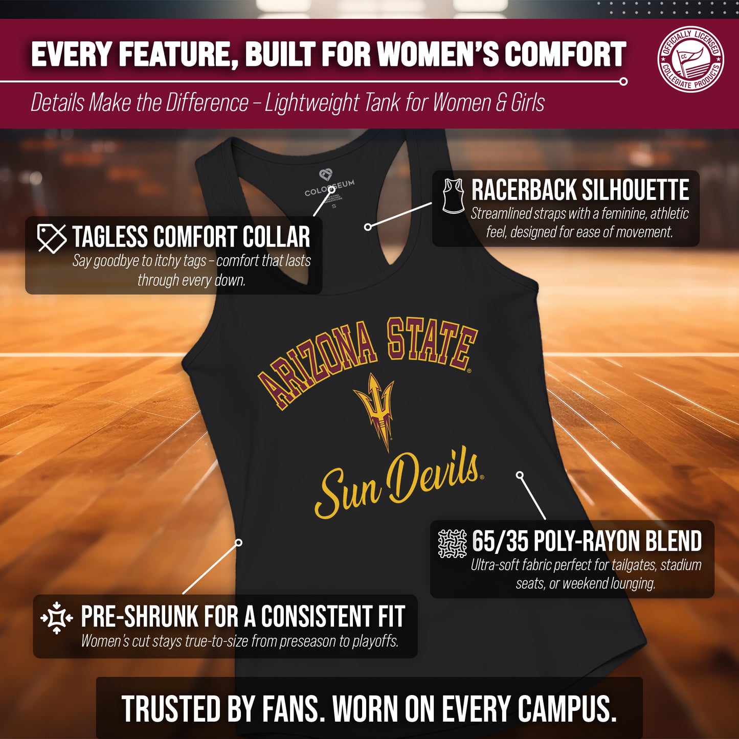 Arizona State Sun Devils NCAA Womens Tag-Less Ultra Soft Tailgate Tank Top - Black Heather