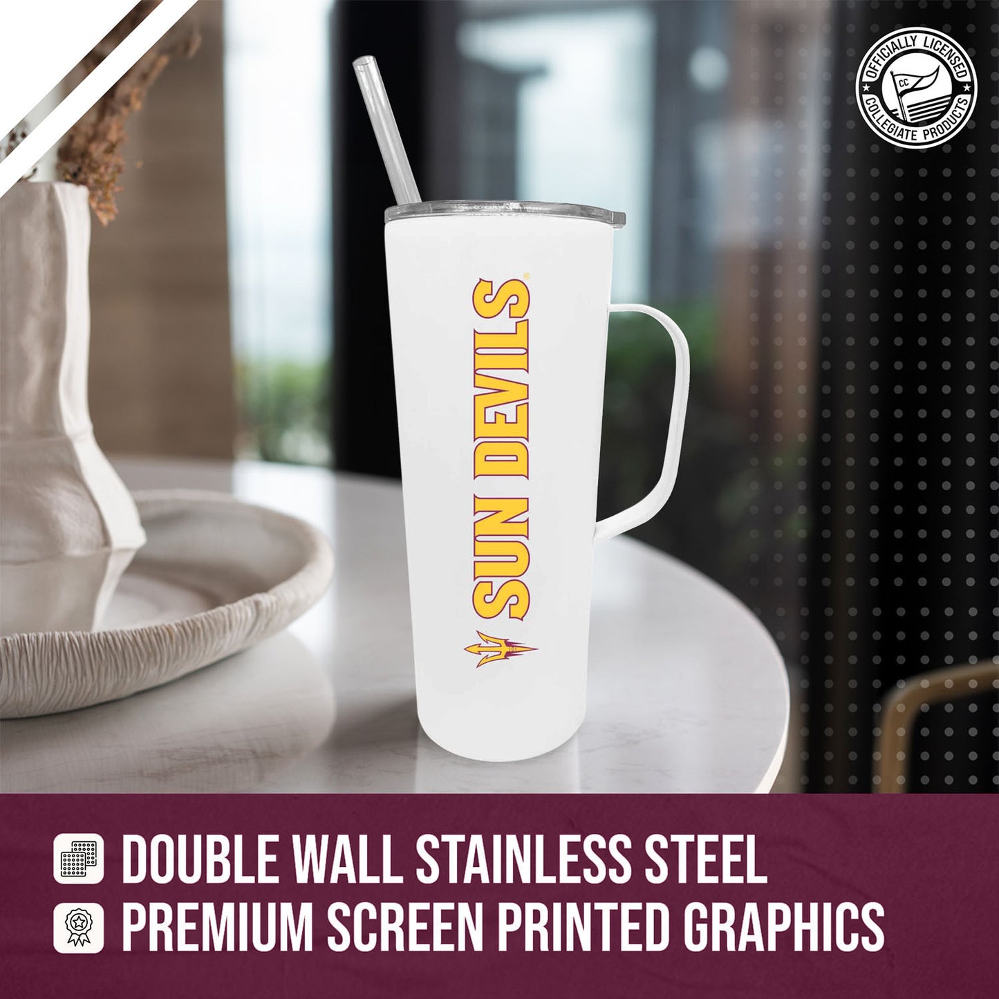 Arizona State Sun Devils NCAA Stainless Steel 20oz Roadie With Handle & Dual Option Lid With Straw - White