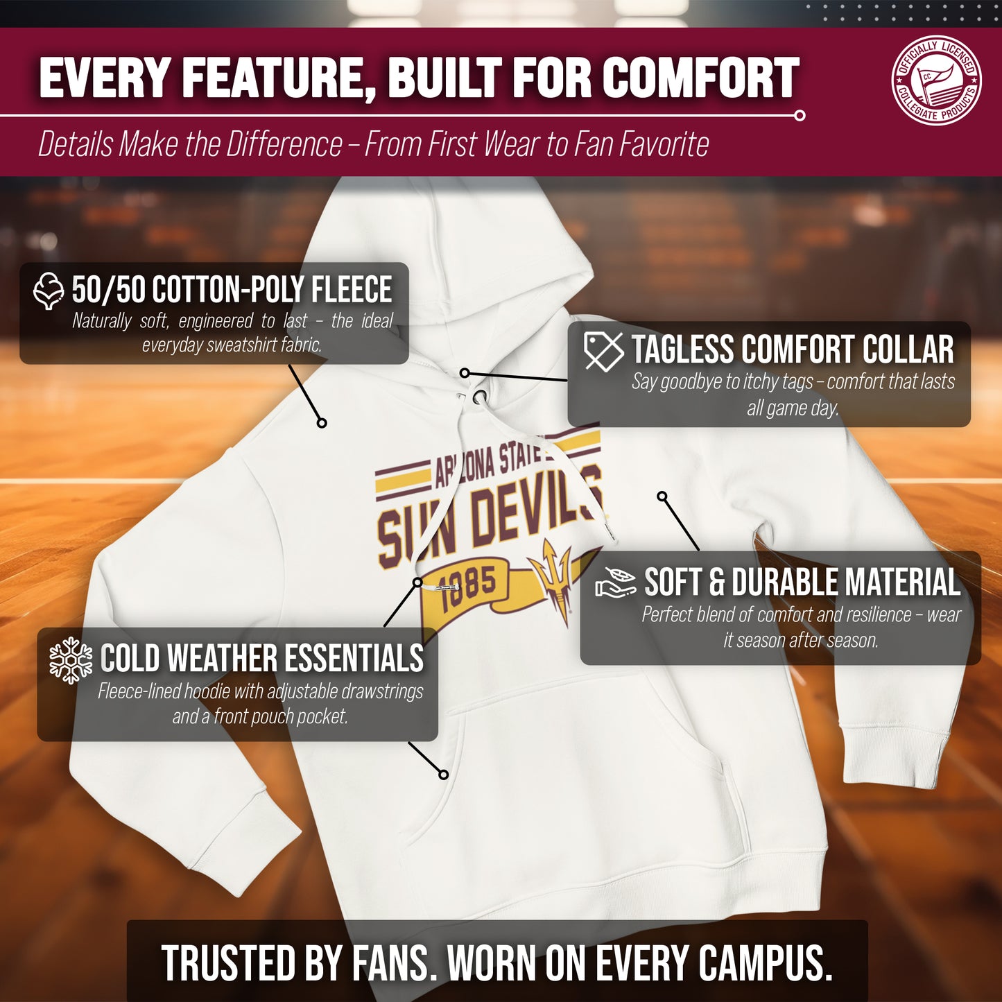 Arizona State Sun Devils NCAA Adult Unisex Varsity Club Pennant Hooded Fleece Sweatshirt - Off White