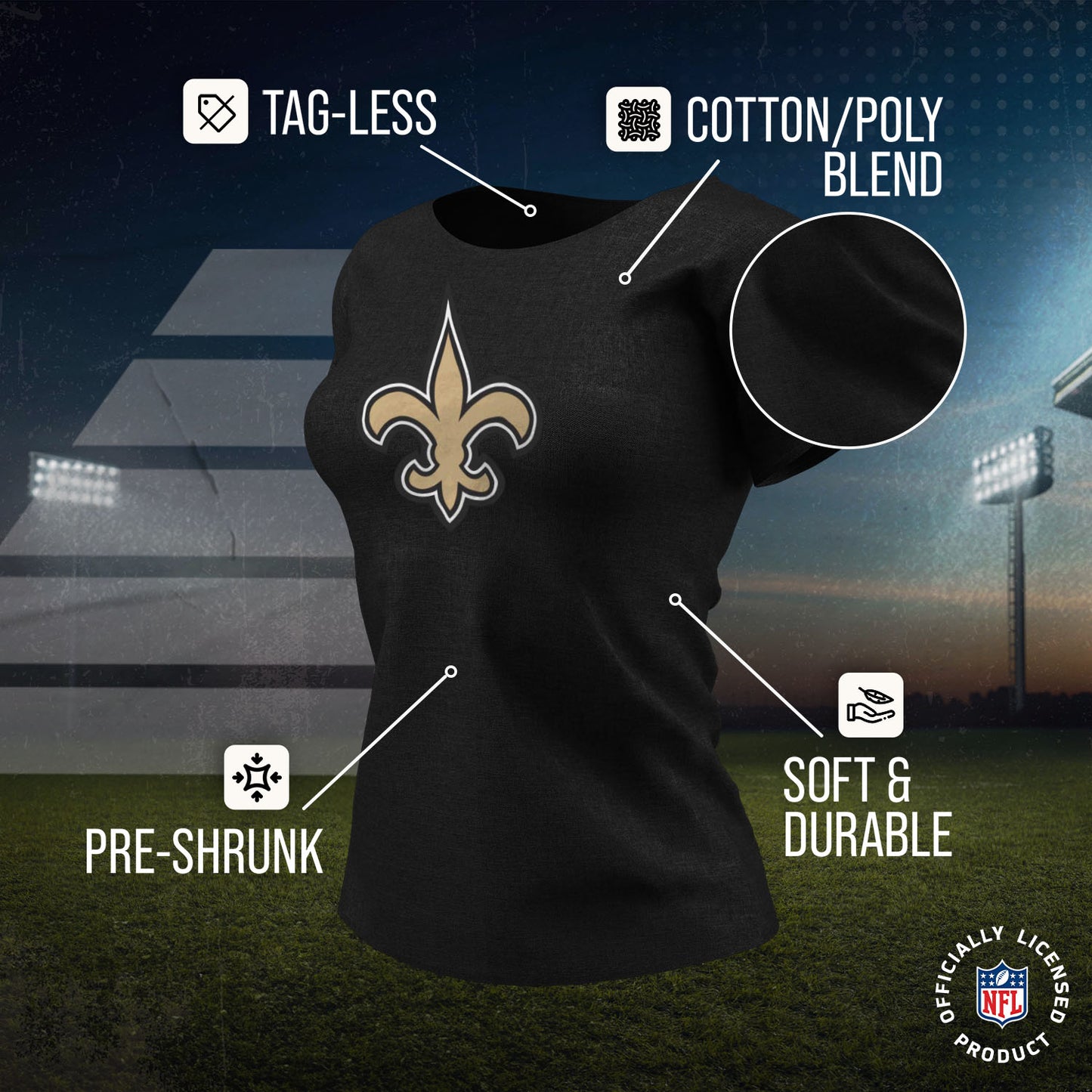 New Orleans Saints NFL Womens Heather Logo Relaxed Fit T-Shirt - Black