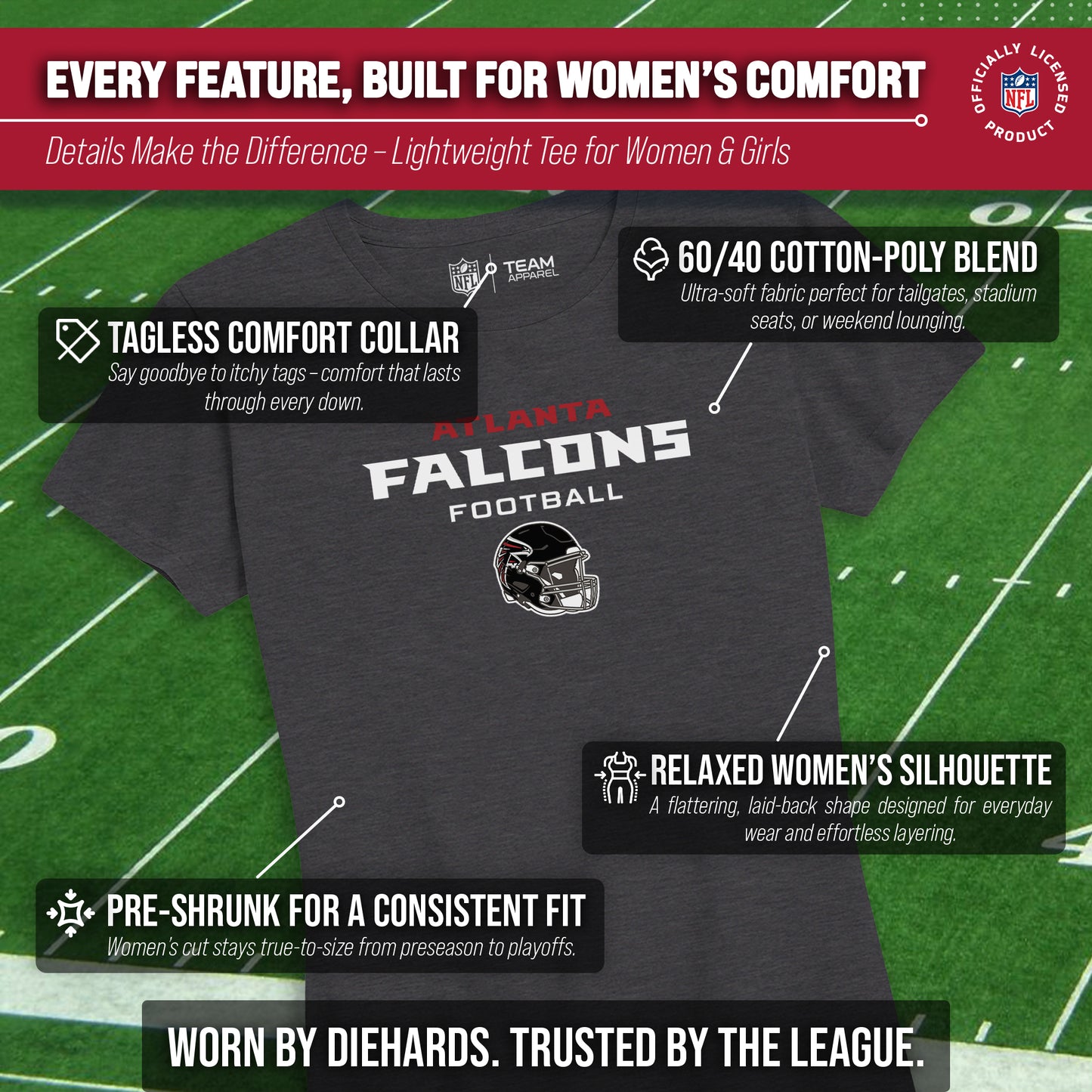 Atlanta Falcons Women's NFL Football Helmet Short Sleeve Tagless T-Shirt - Charcoal