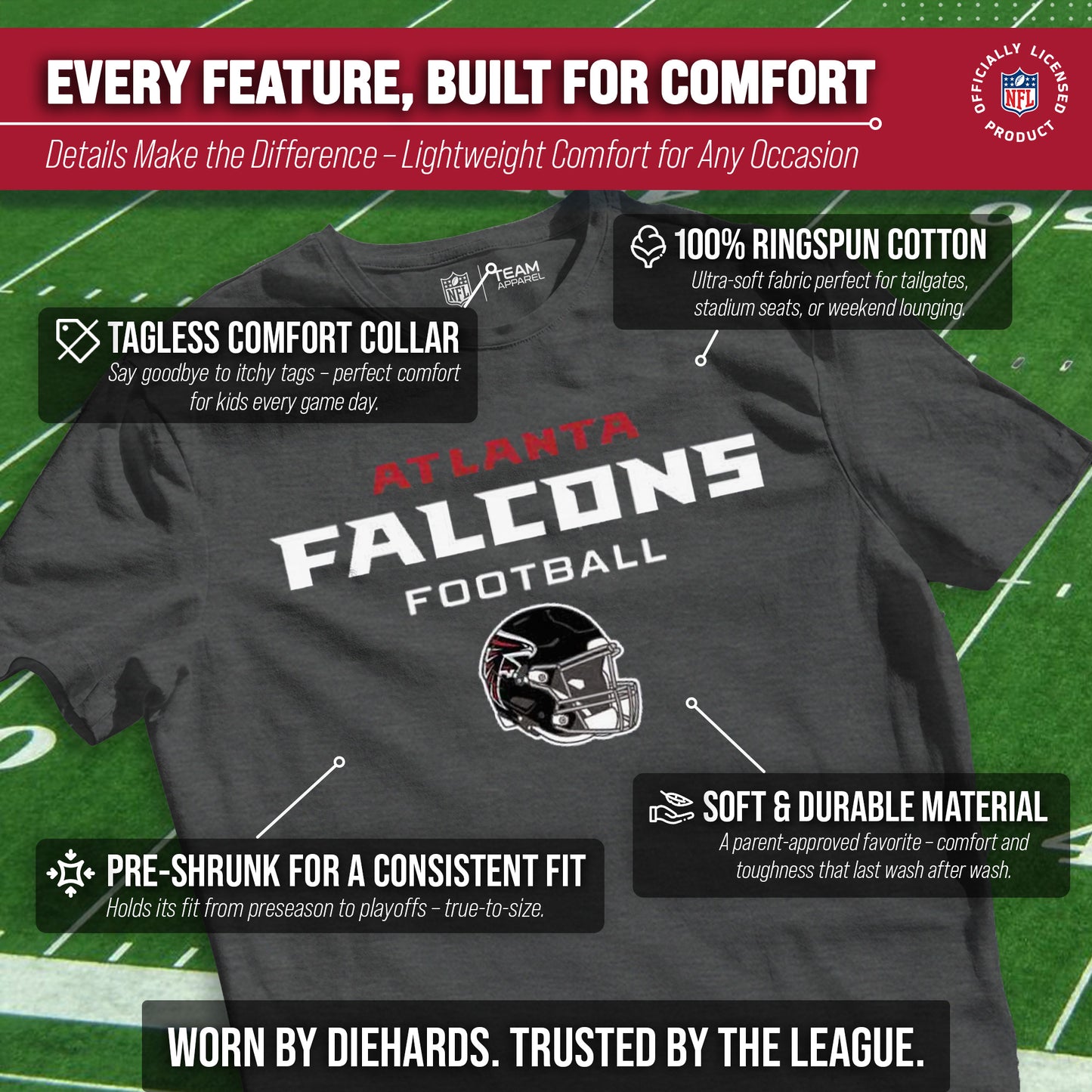 Atlanta Falcons NFL Youth Football Helmet Tagless T-Shirt - Charcoal