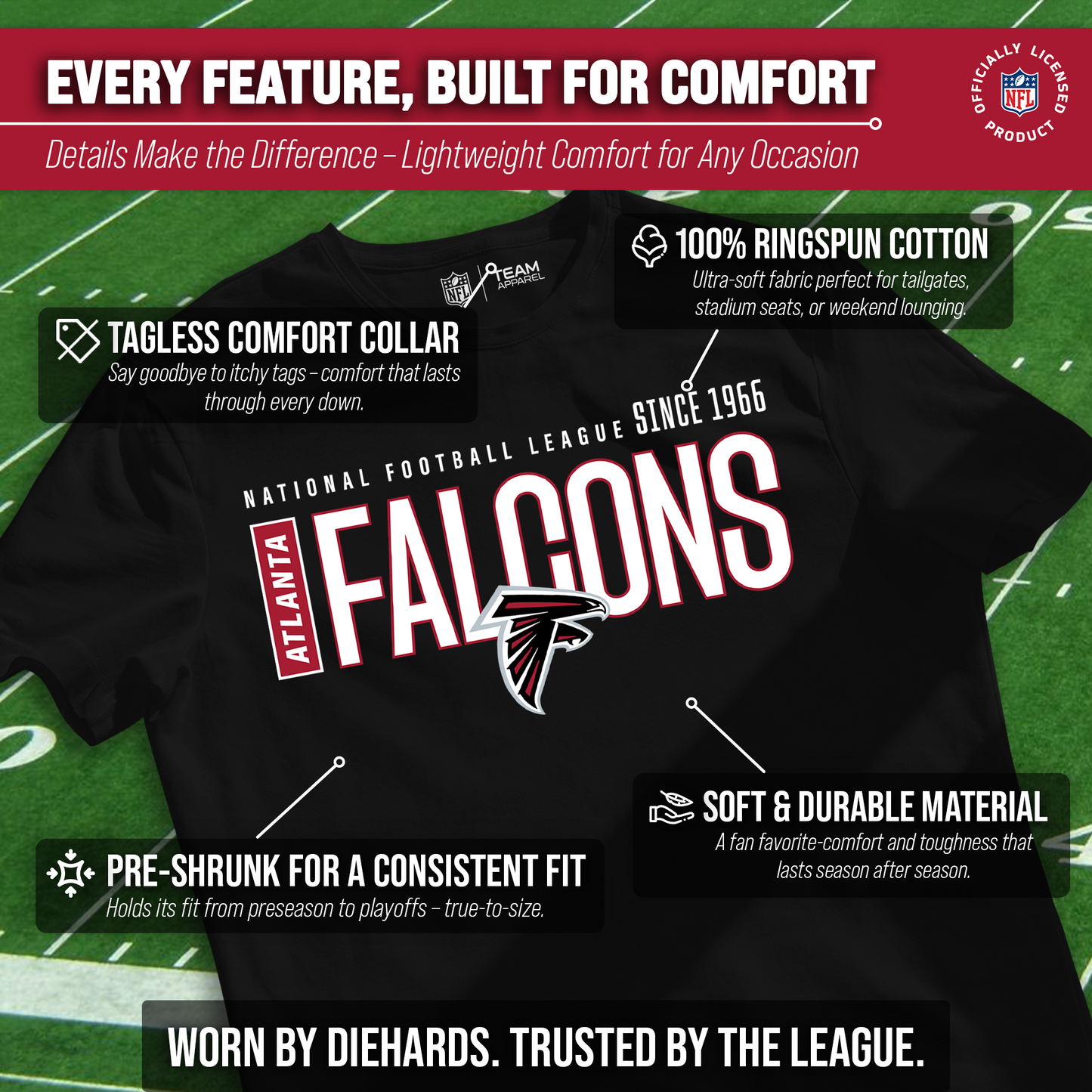 Atlanta Falcons NFL Adult Modern Endzone Tag-Less T-Shirt - Black