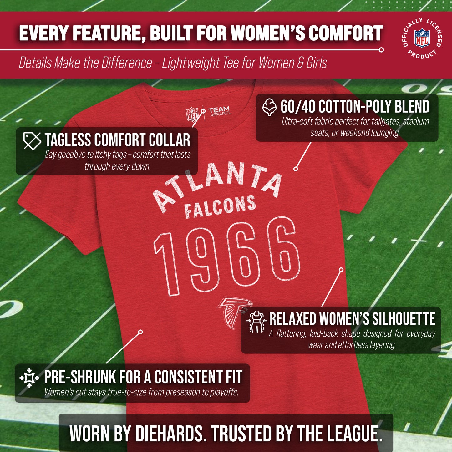 Atlanta Falcons NFL Womens Big Date Tag-Less T-Shirt - Red Heather