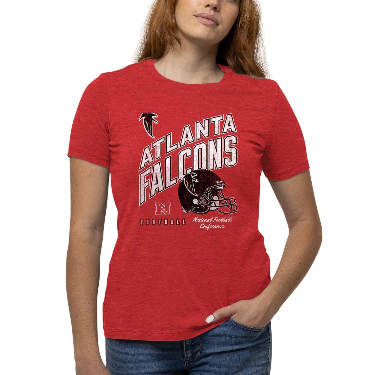 Atlanta Falcons NFL Womens Distressed Helmet Tag-Less Soft T-Shirt - Red Heather