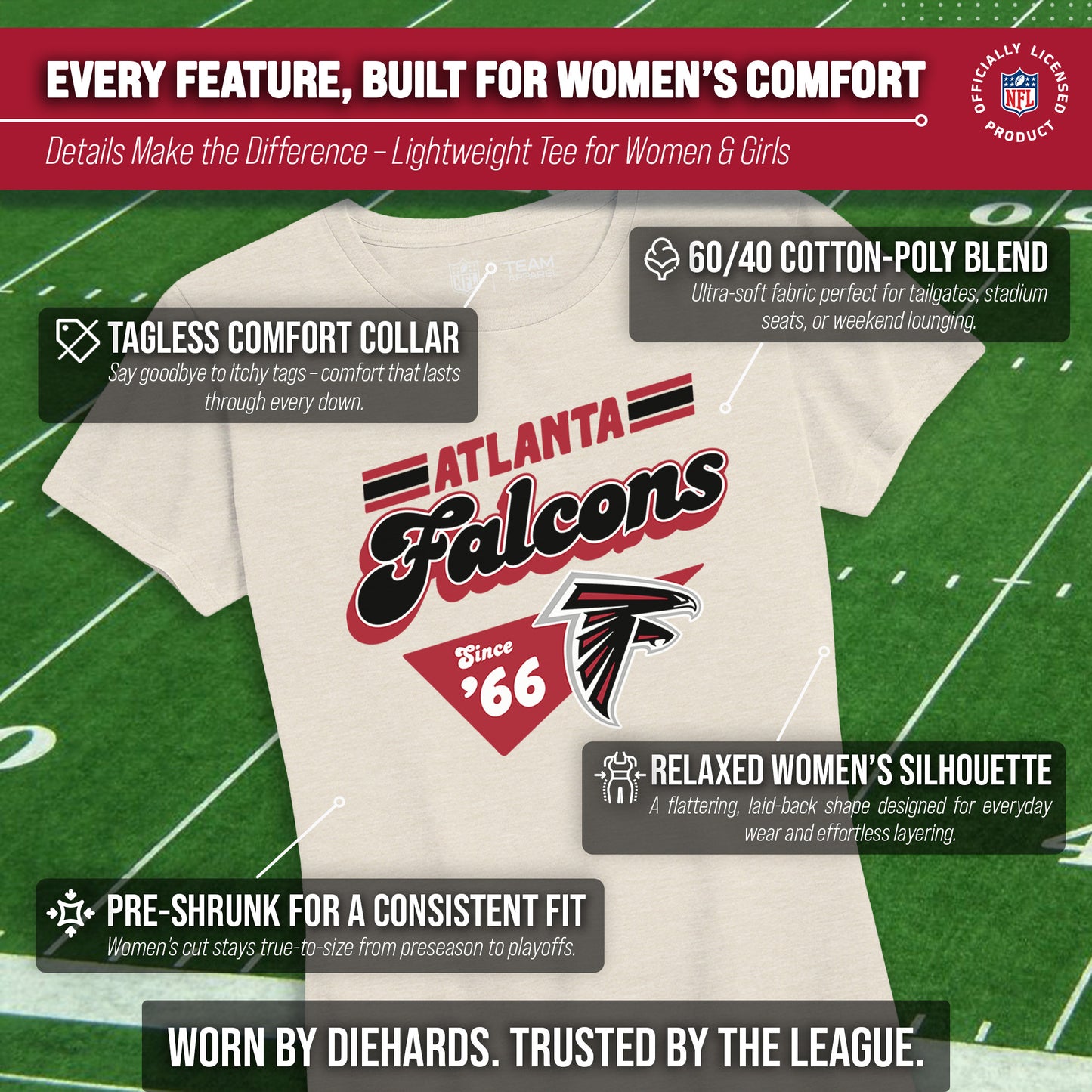 Atlanta Falcons NFL Womens Vintage Charm Tag-Less Soft T-Shirt - Birch