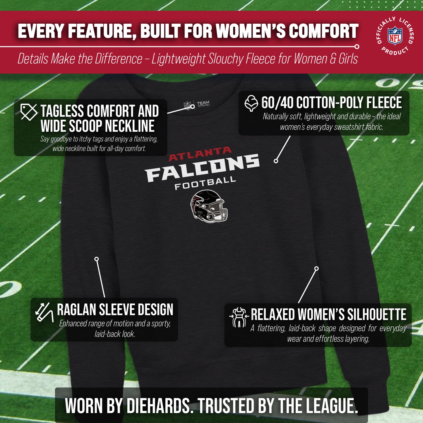 Atlanta Falcons NFL Womens Helmet French Terry Slouchy Top - Charcoal