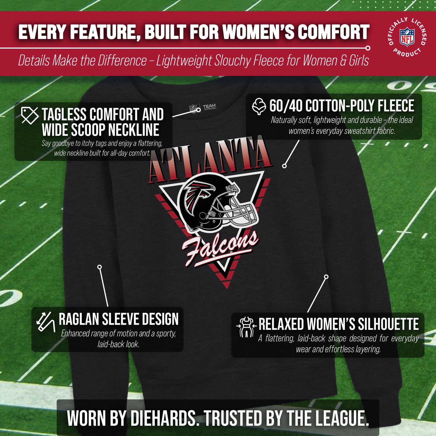 Atlanta Falcons NFL Womens Retro Triangle French Terry Slouchy Top- Raglan Sleeves - Heather Charcoal
