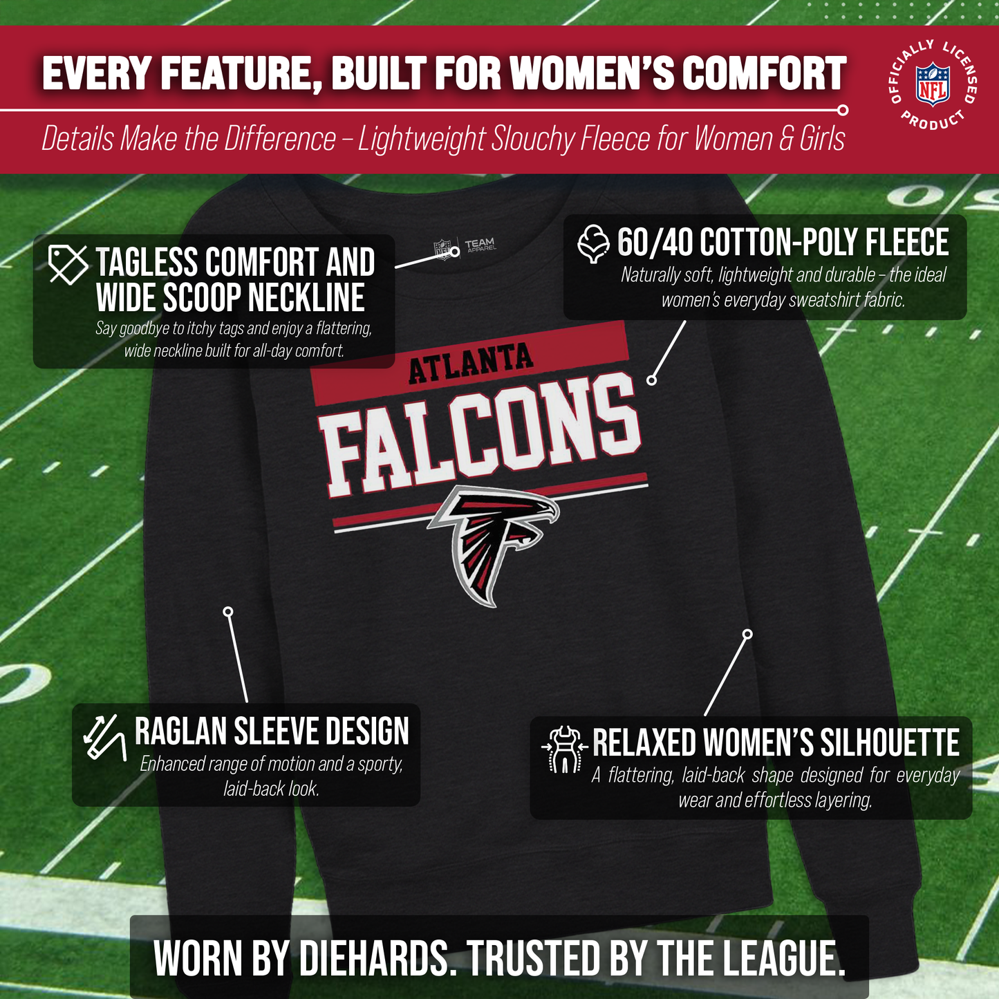 Atlanta Falcons NFL Womens Team Block French Terry Slouchy Top - Charcoal