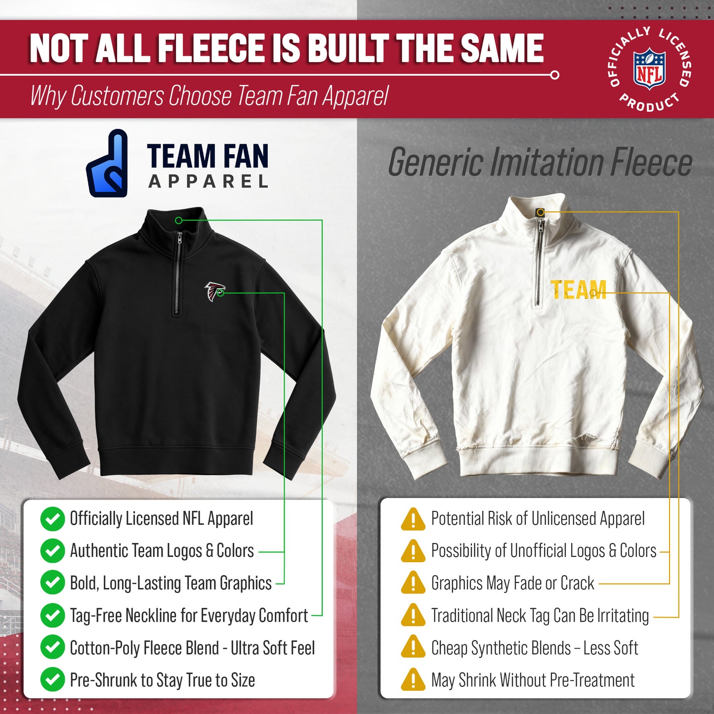 Atlanta Falcons NFL Adult Unisex Team Logo Quarter Zip Pullover Sweatshirt - Black
