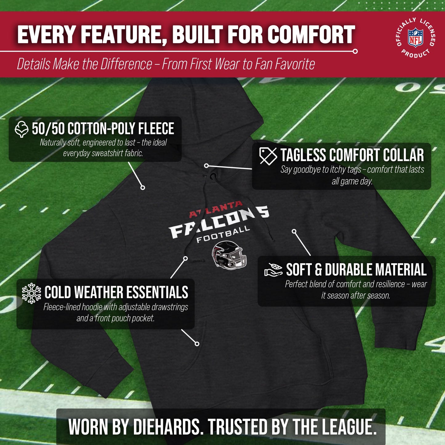 Atlanta Falcons Adult NFL Football Helmet Heather Hooded Sweatshirt  - Charcoal
