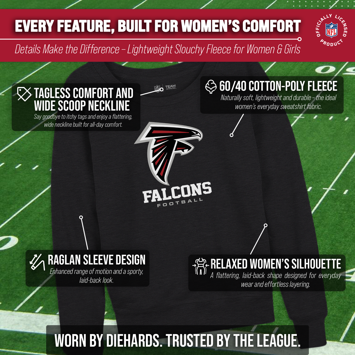 Atlanta Falcons NFL Womens Ultimate Fan French Terry Slouchy Top- Raglan Sleeves - Charcoal