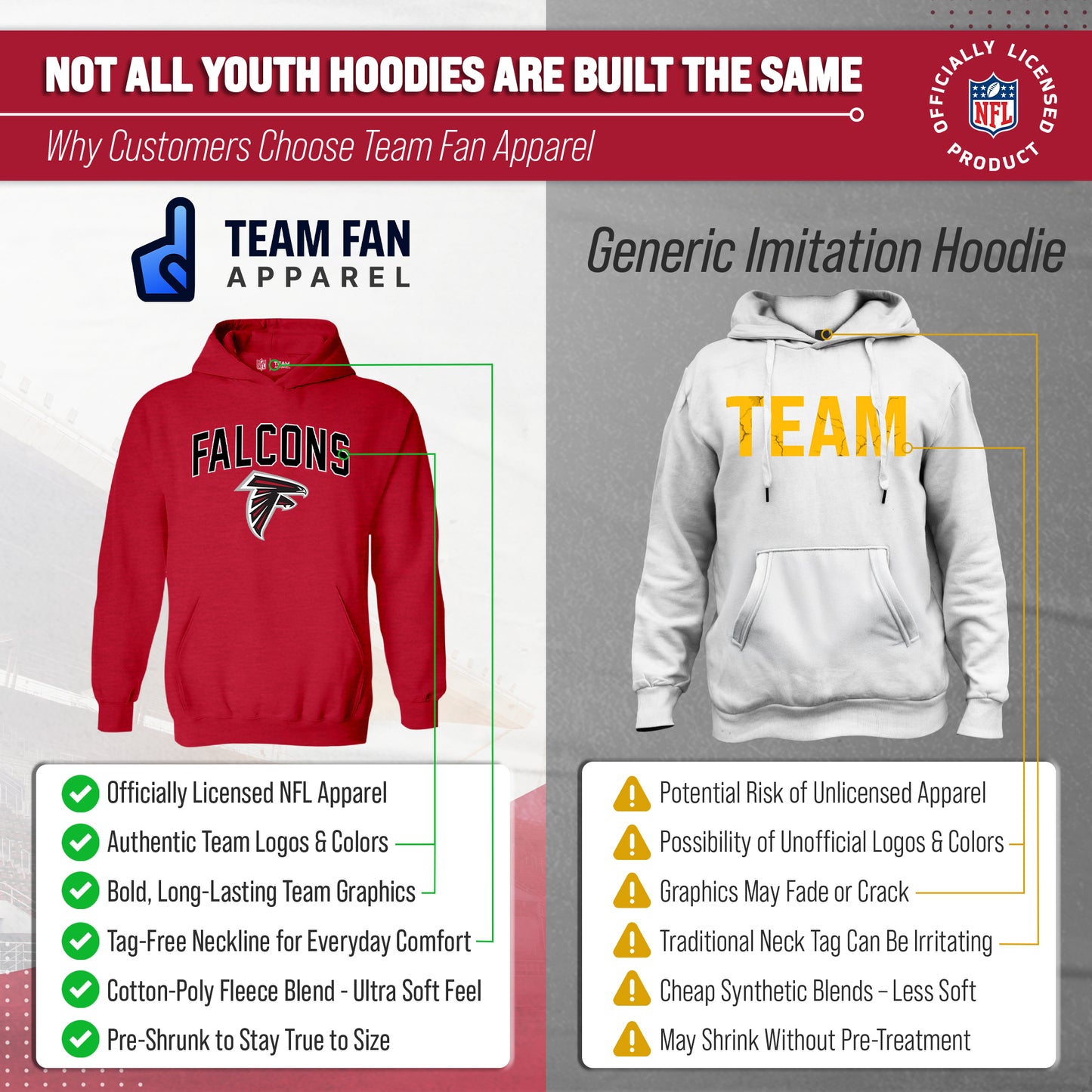 Atlanta Falcons NFL Youth Home Team Hoodie- Kids Hooded Sweatshirt - Red