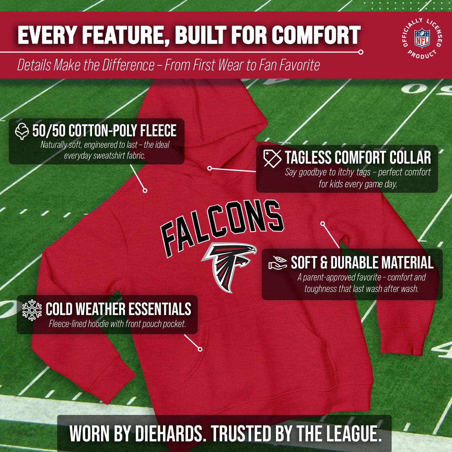 Atlanta Falcons NFL Youth Home Team Hoodie- Kids Hooded Sweatshirt - Red