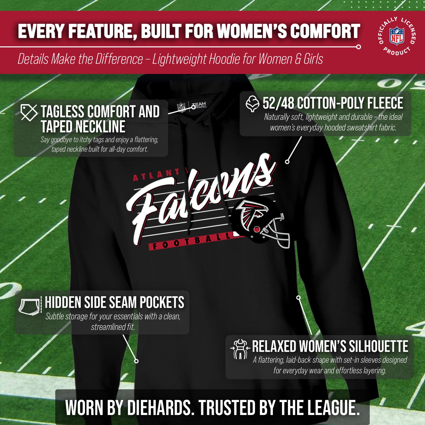 Atlanta Falcons Ladies NFL Scrimmage Line Fleece Pullover Hooded Sweatshirt - Black